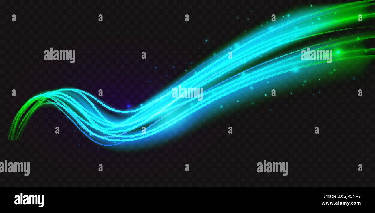 Forma d'onda luminosa al neon azzurro, illustrazione astratta del vettore effetto luce. Blu al neon verde ondulato linee curve fluenti e luminose, particelle di movimento magiche di energia luminosa su sfondo nero trasparente. Illustrazione Vettoriale