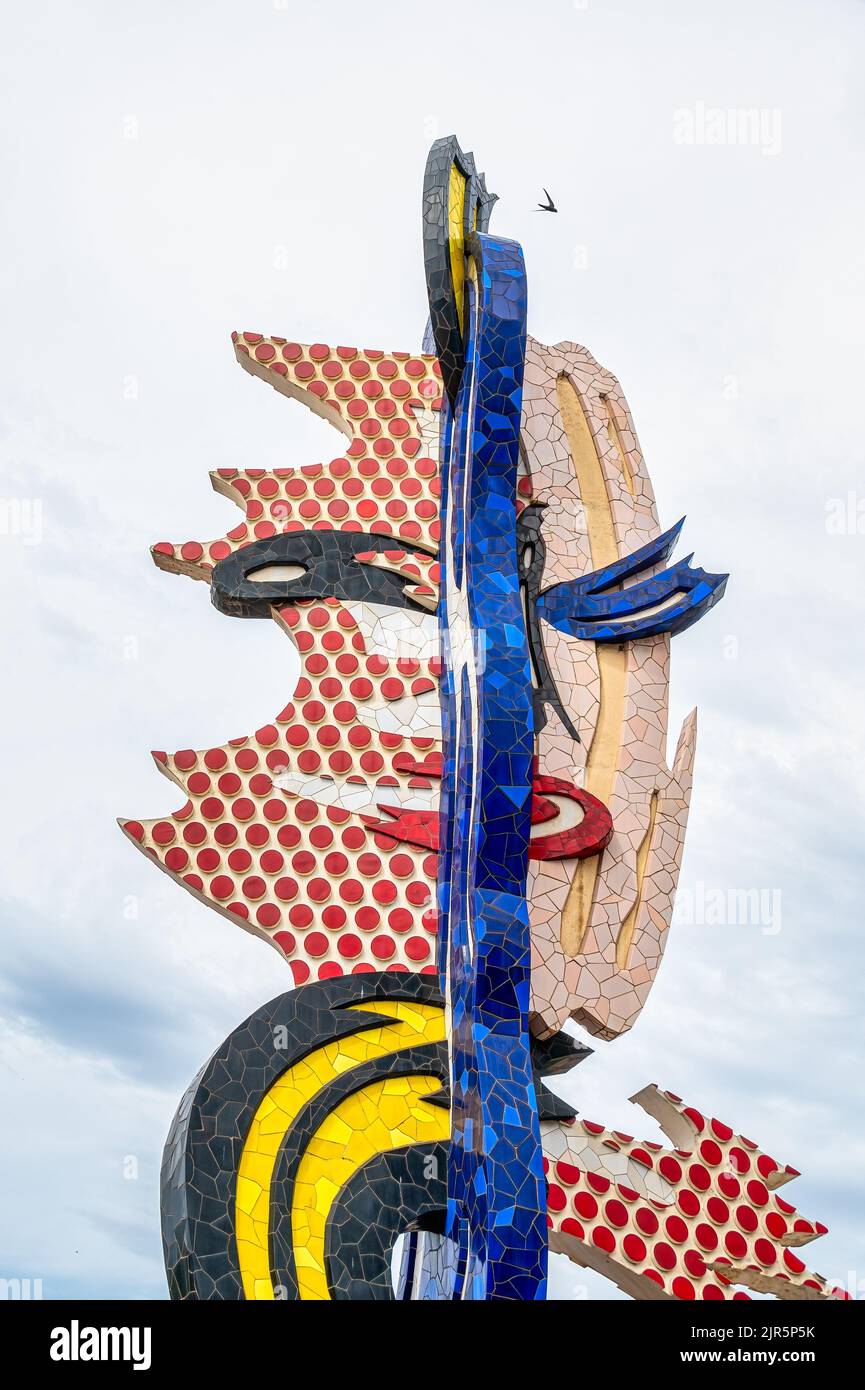 Scultura chiamata la Cara de Barcelona o la testa di Barcellona dell'artista Roy Lichtenstein. Il pezzo d'arte si trova nel quartiere sul lungomare Foto Stock