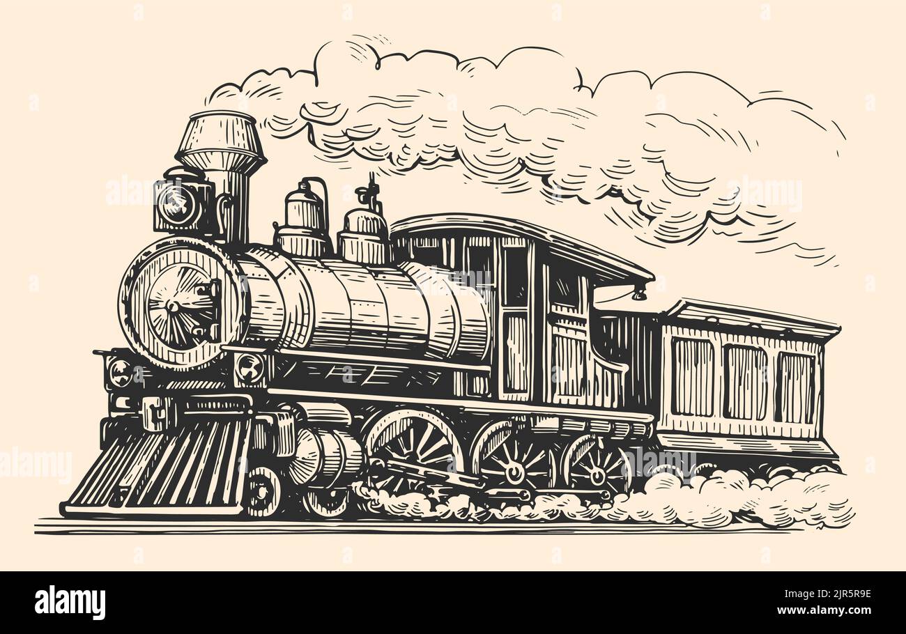 Treno retrò in movimento con schizzo del fumo. Trasporto disegnato a mano, stile di incisione vintage locomotiva. Illustrazione vettoriale Illustrazione Vettoriale