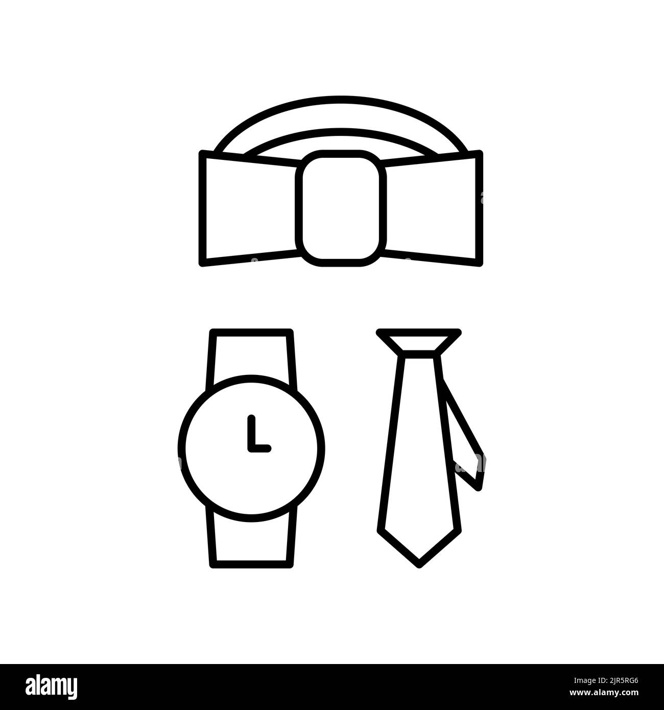 Icona accessori personali Mens EPS 10.. Orologi, cravatta e insegne con cravatta ad arco. Accessori uomo... Isolato su bianco. Semplici uomini cose simboli... IO Foto Stock