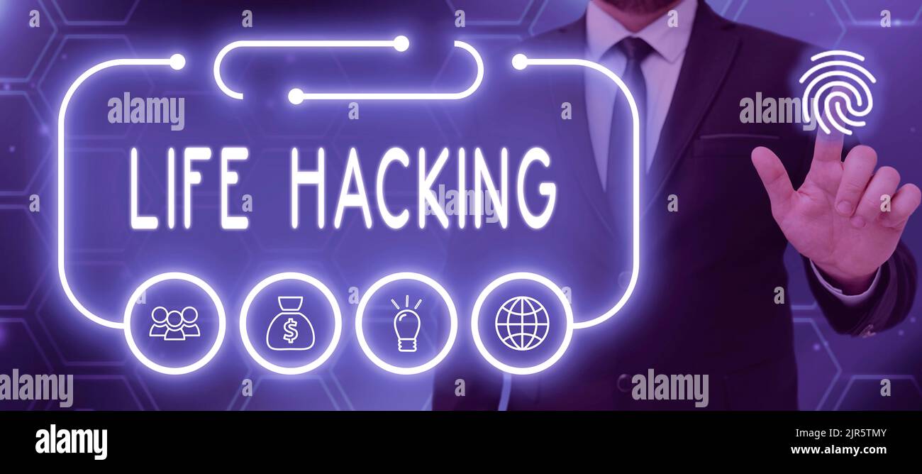 Visualizzazione concettuale Life Hacking. Parola scritta su tecniche semplici e intelligenti nel compiere il compito facilmente uomo d'affari che punta su impronta digitale e. Foto Stock
