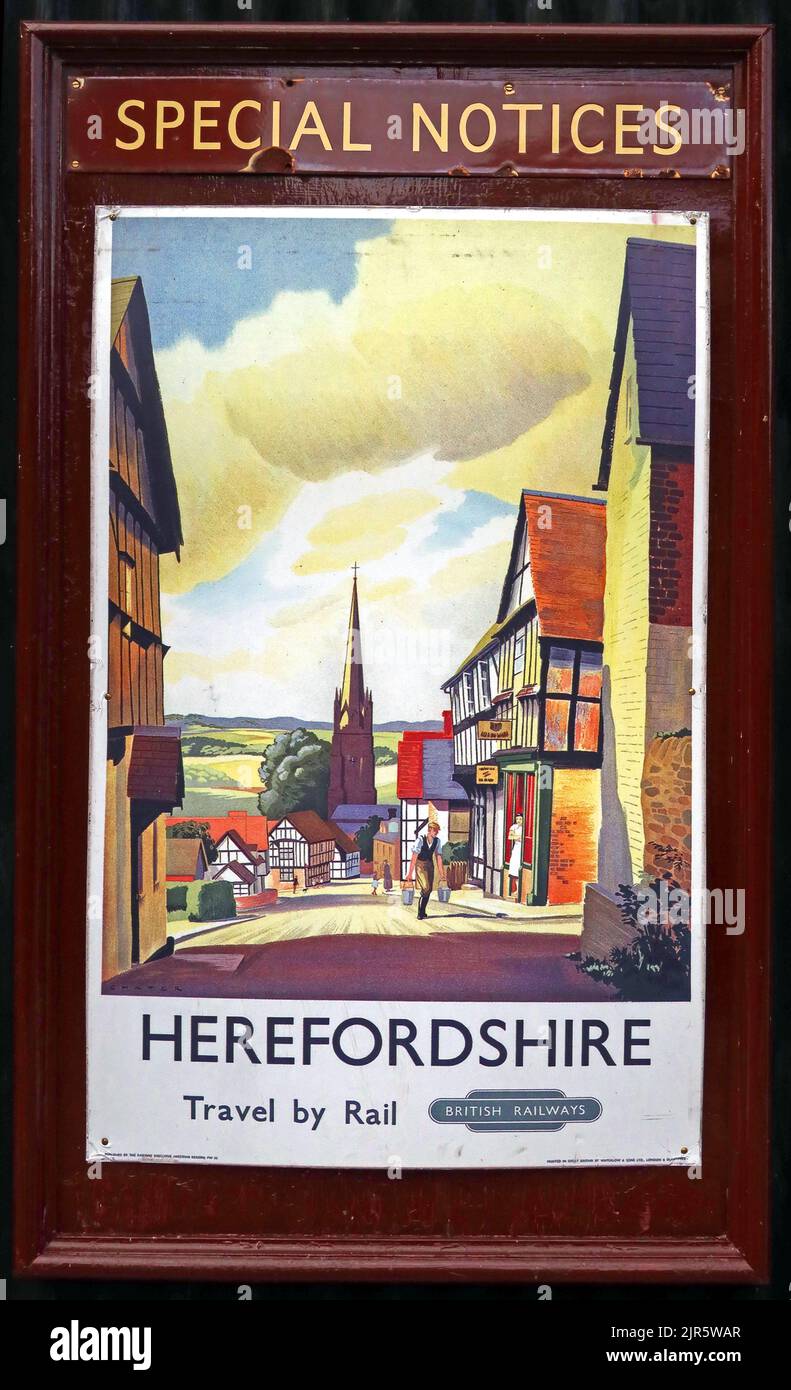Poster con avvisi speciali che mostra Herefordshire, viaggi in treno, 1950s utilizzando le ferrovie britanniche, Inghilterra, Regno Unito Foto Stock