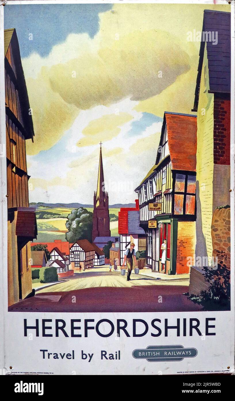 Poster che mostra Herefordshire, viaggi in treno, 1950s utilizzando le ferrovie britanniche, Inghilterra, Regno Unito Foto Stock