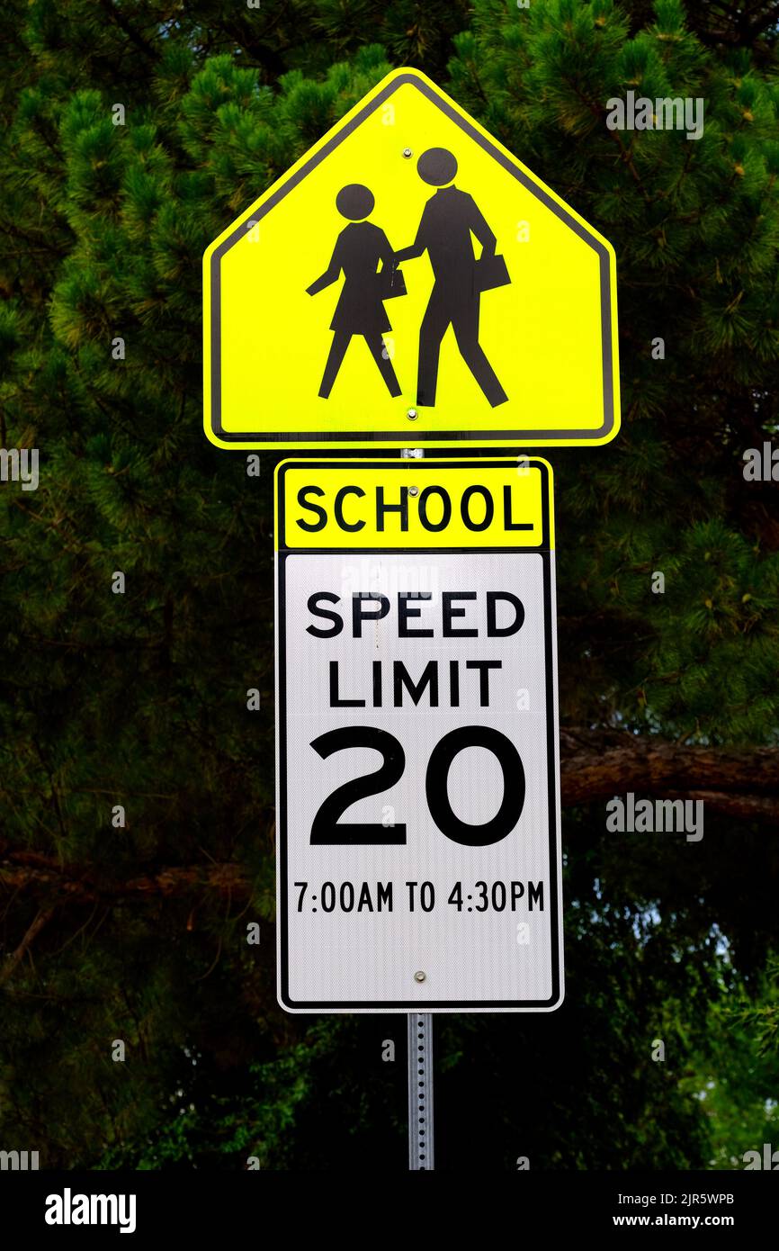 Insegna a crosswalk scuola per rallentare sulla strada del quartiere per la sicurezza dei bambini Foto Stock