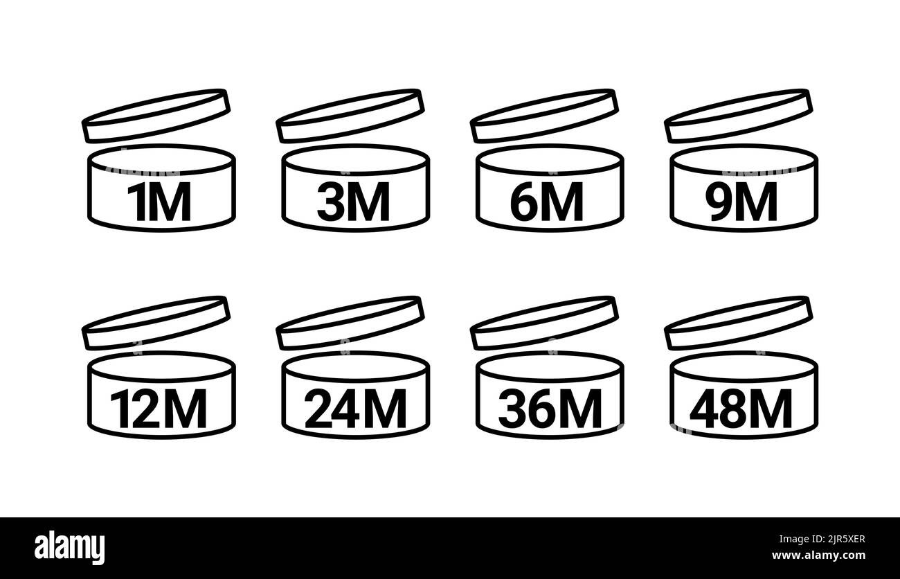 Simbolo PAO logo cosmetic life. 12 mesi 3, 6, 9 scadenza aperto vaso scadenza mese pao icona. Illustrazione Vettoriale