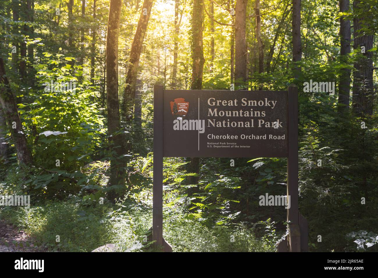 Un cartello per il parco nazionale delle Great Smoky Mountains sul lato della strada. Foto Stock
