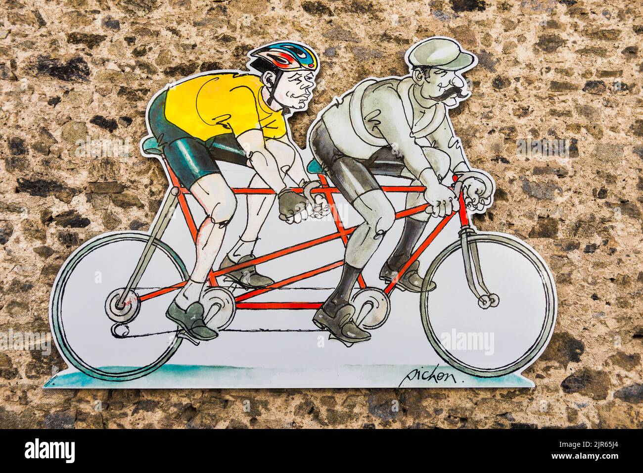 Una delle numerose grandi illustrazioni comiche di Pichon sulla costruzione di muri esterni a Saint-Just-le-Martel, Haute-Vienne (87), Francia. Foto Stock