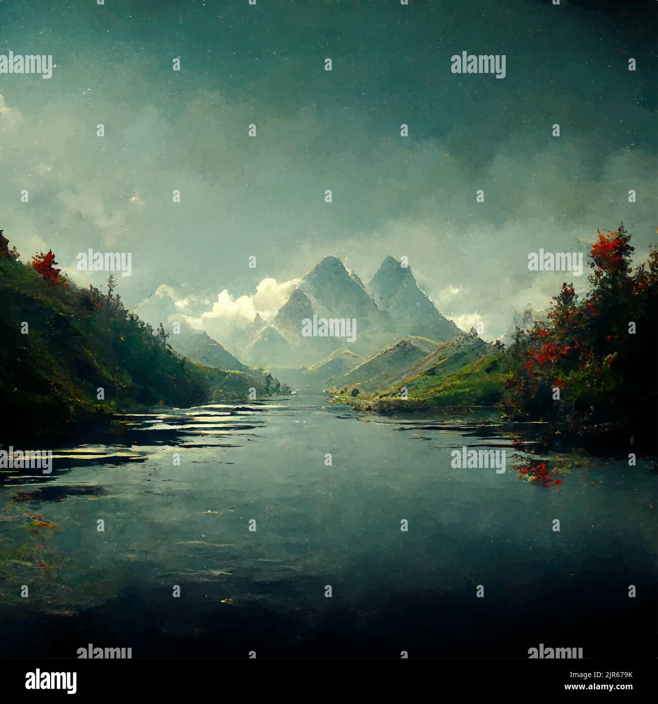 Un bel lago vicino alle montagne, alte montagne sullo sfondo e una foresta su di esso Illustrazione Vettoriale