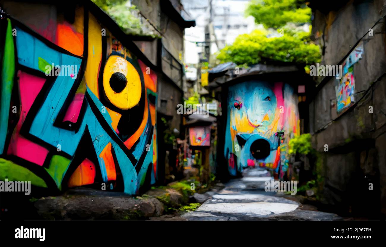 Nel cortile cinese dipinto graffiti colorati fresco intorno alla sua casa Illustrazione Vettoriale