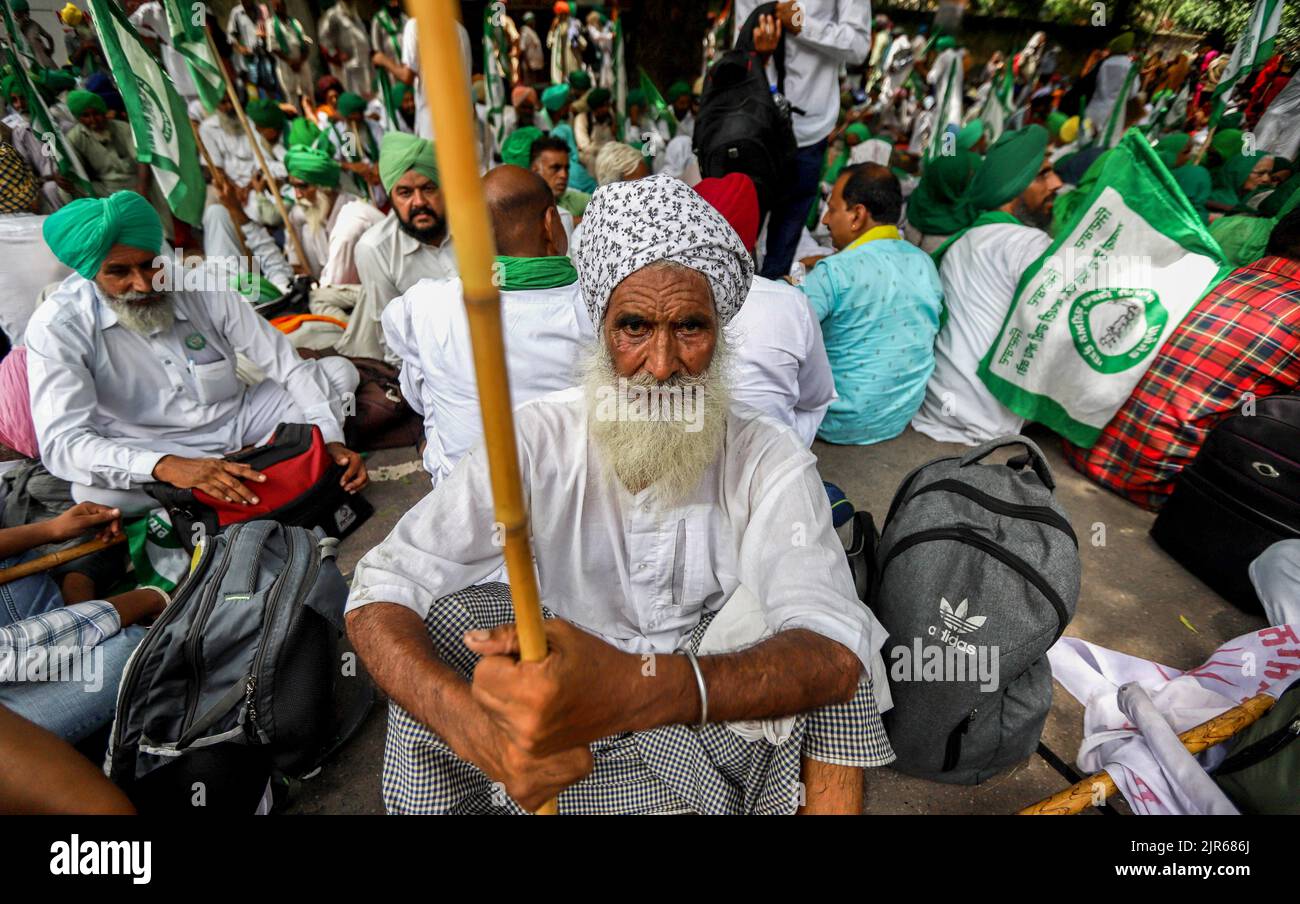 Nuova Delhi, India. 22nd ago, 2022. Gli agricoltori si riuniscono al Jantar Mantar in seguito a un appello di vari sindacati agricoli per presentare una protesta contro le politiche del governo centrale a Nuova Delhi. Gli agricoltori chiedono una garanzia legale per il prezzo minimo di sostegno (MSP) e altre richieste, a Nuova Delhi. Credit: SOPA Images Limited/Alamy Live News Foto Stock