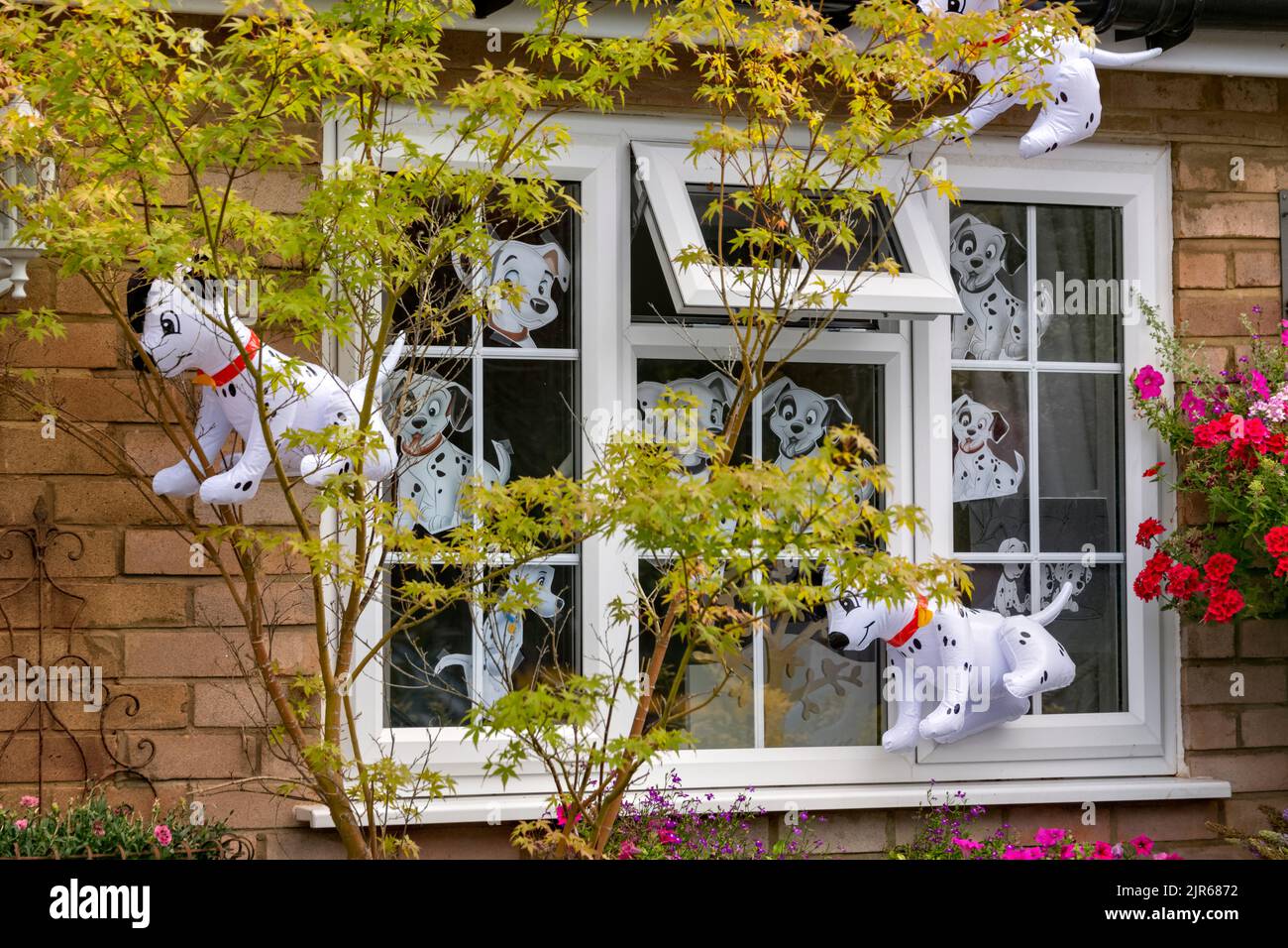 Flamstead Scarecrow Festival 2022 - Cruella de Vil e 101 Dalmatations Scarecrow e cani dalmati lamina decorare l'esterno di una casa, Flamstead. Foto Stock