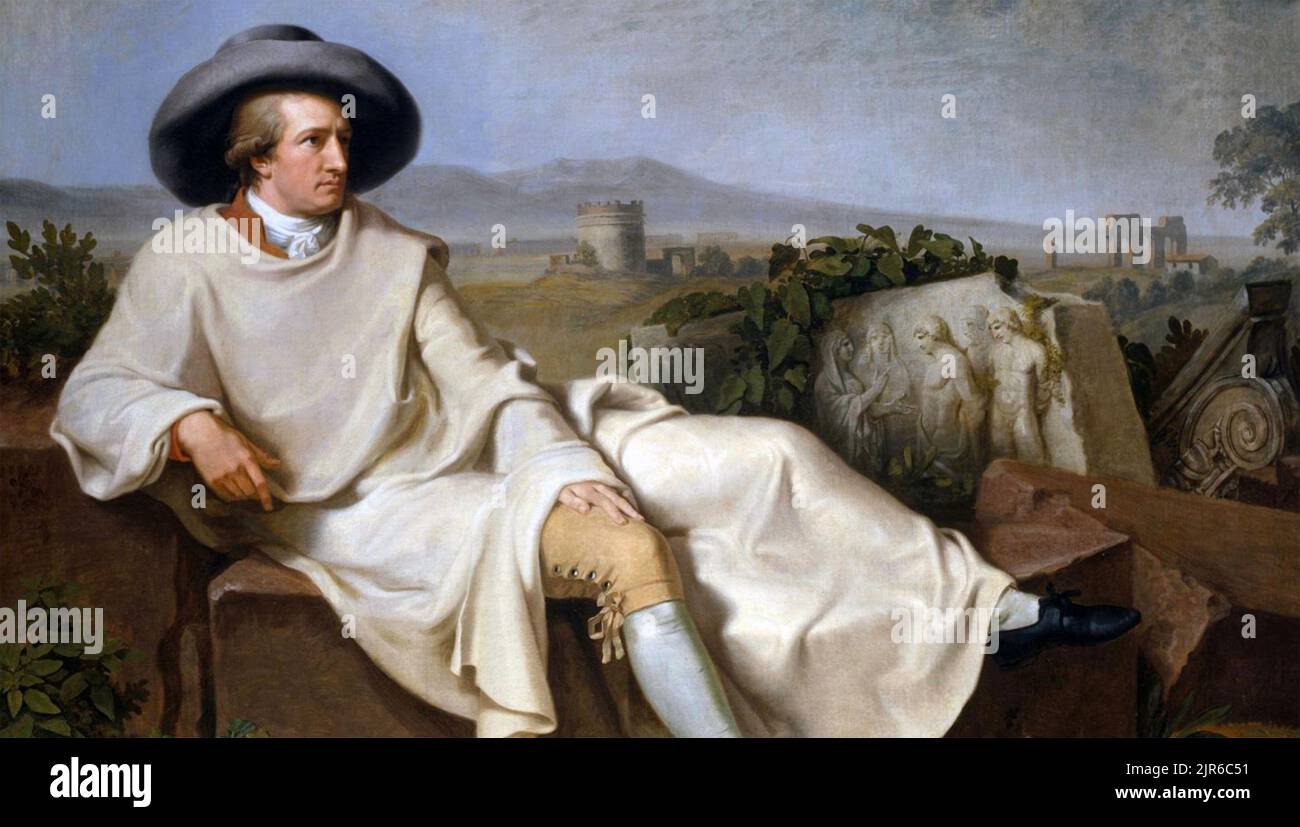 JOHANN WOLFGANG von GOETHE (1749-1832) scrittore e polymath tedesco. Il ritratto del 1786 'Goethe nella Campagna Romana di Johann Tischbein Foto Stock