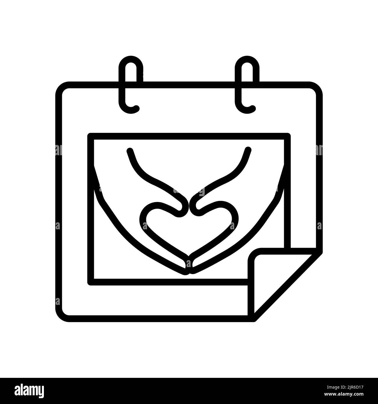 Icona del calendario con il gesto della mano del cuore. Icona relativa alla carità, all'affetto, all'amore. Stile icona linea. Design semplice modificabile Illustrazione Vettoriale