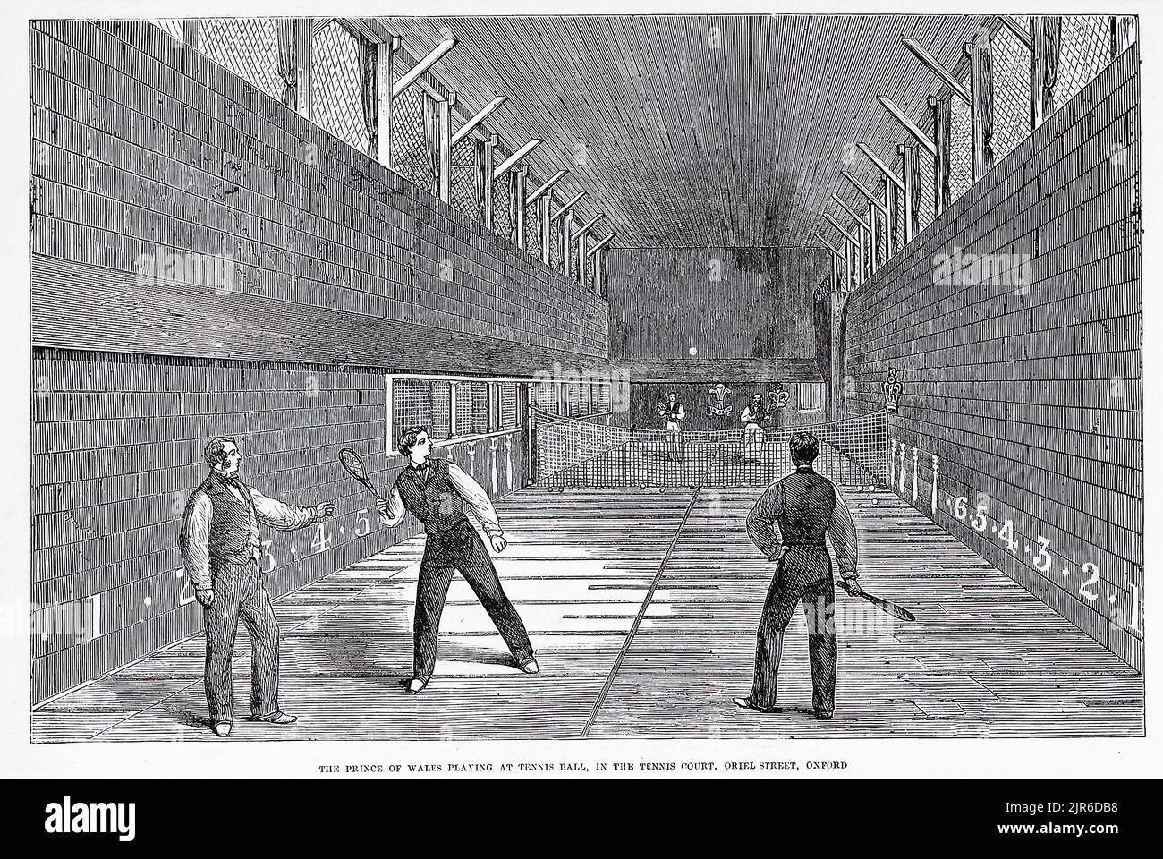 Il Principe del Galles Albert Edward (Edoardo VII) gioca a tennis, nel campo da tennis, Oriel Street, Oxford, Inghilterra (1860). Illustrazione del 19th° secolo dal quotidiano illustrato di Frank Leslie Foto Stock