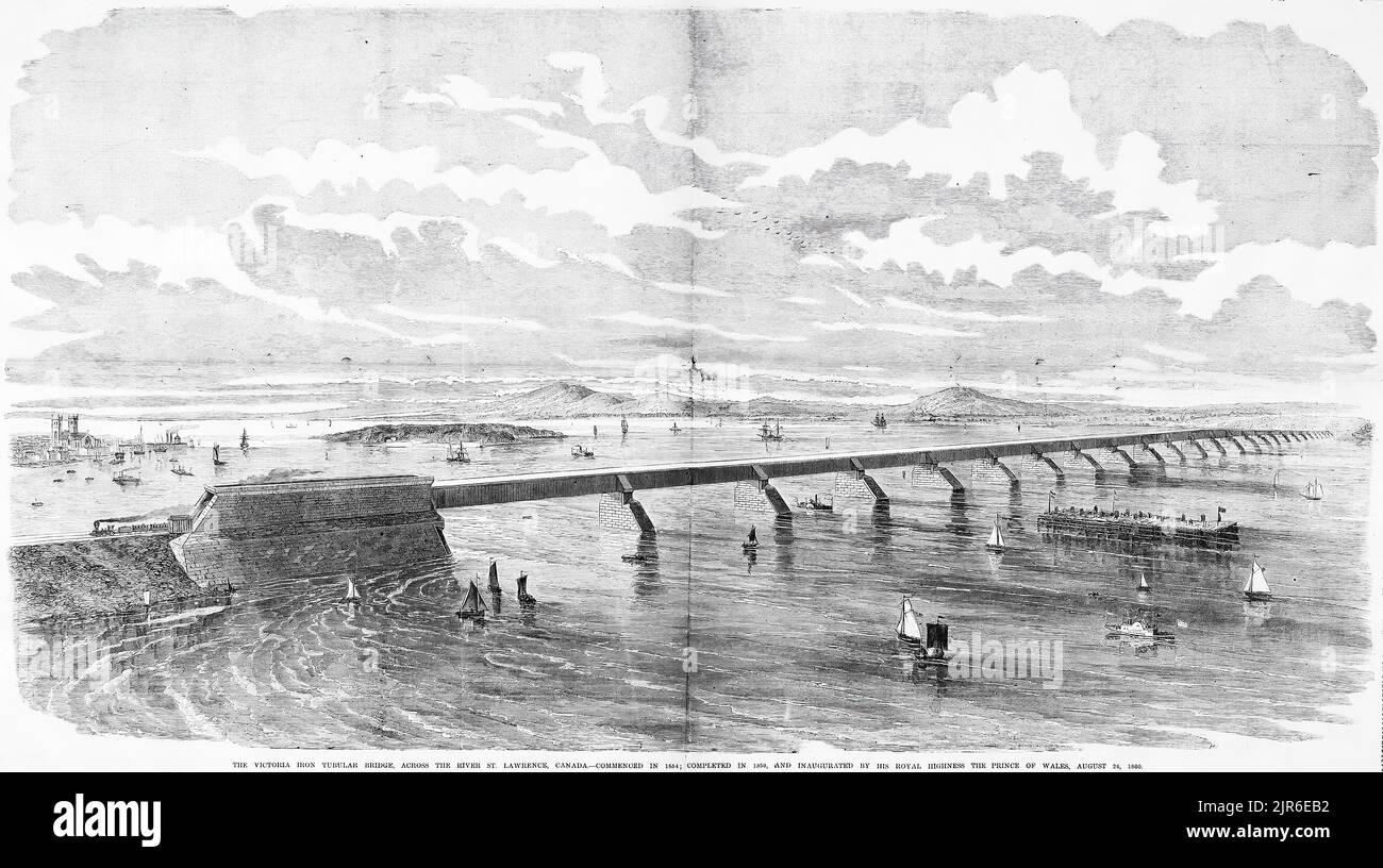 Il Victoria Iron tubolare Bridge, attraverso il fiume San Lorenzo, Canada - iniziato nel 1854, completato e inaugurato da sua altezza reale il Principe di Galles, 24th agosto 1860. Visita di Alberto Edoardo, Principe di Galles (Edoardo VII), in Canada. Illustrazione del 19th° secolo dal quotidiano illustrato di Frank Leslie Foto Stock