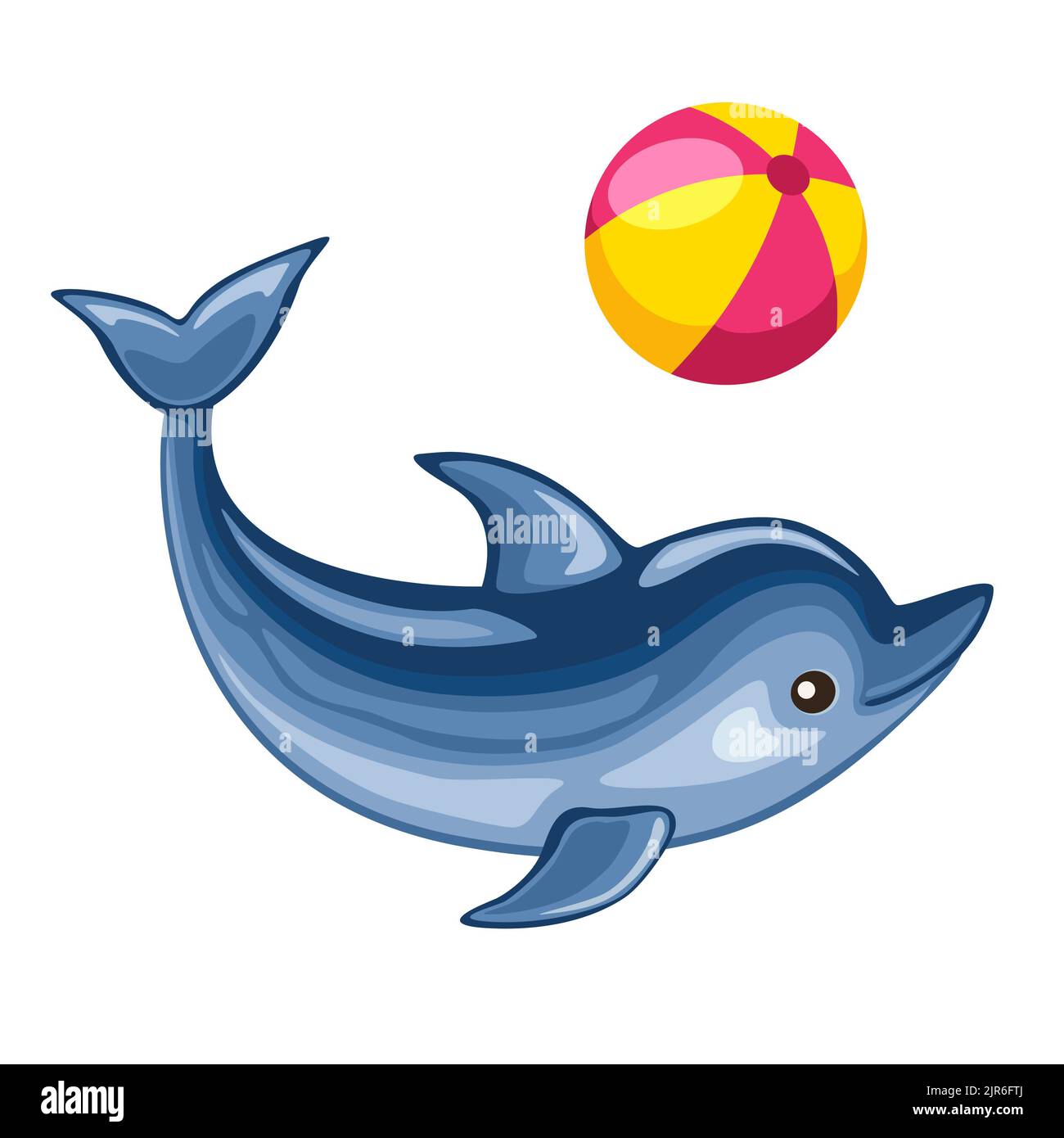 Carino delfino giocare palla da spiaggia. Illustrazione vettoriale isolata su sfondo bianco Foto Stock