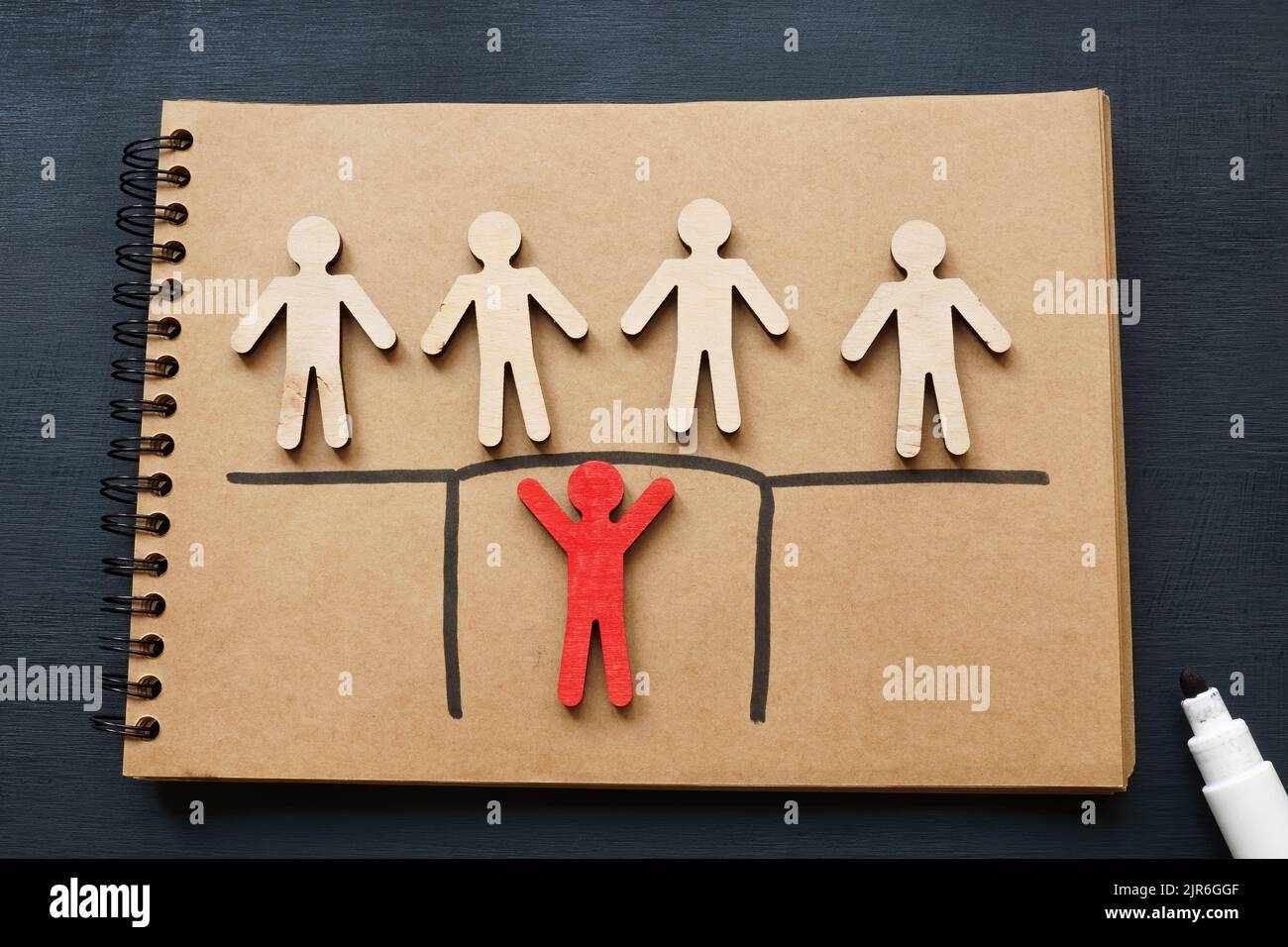 Concetto di leadership dei dipendenti. Figure e uno tiene il ponte. Foto Stock