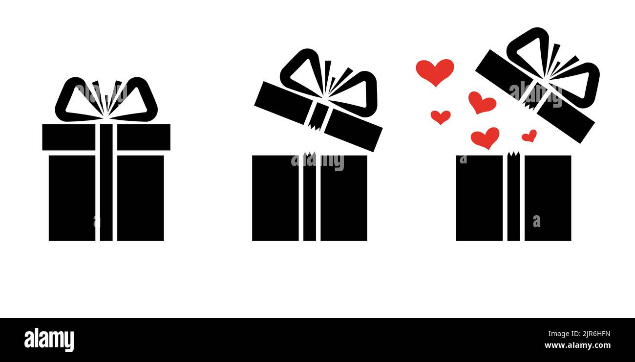 Icone confezione regalo e cuori confezione regalo aperti. Illustrazione vettoriale isolata su sfondo bianco Illustrazione Vettoriale