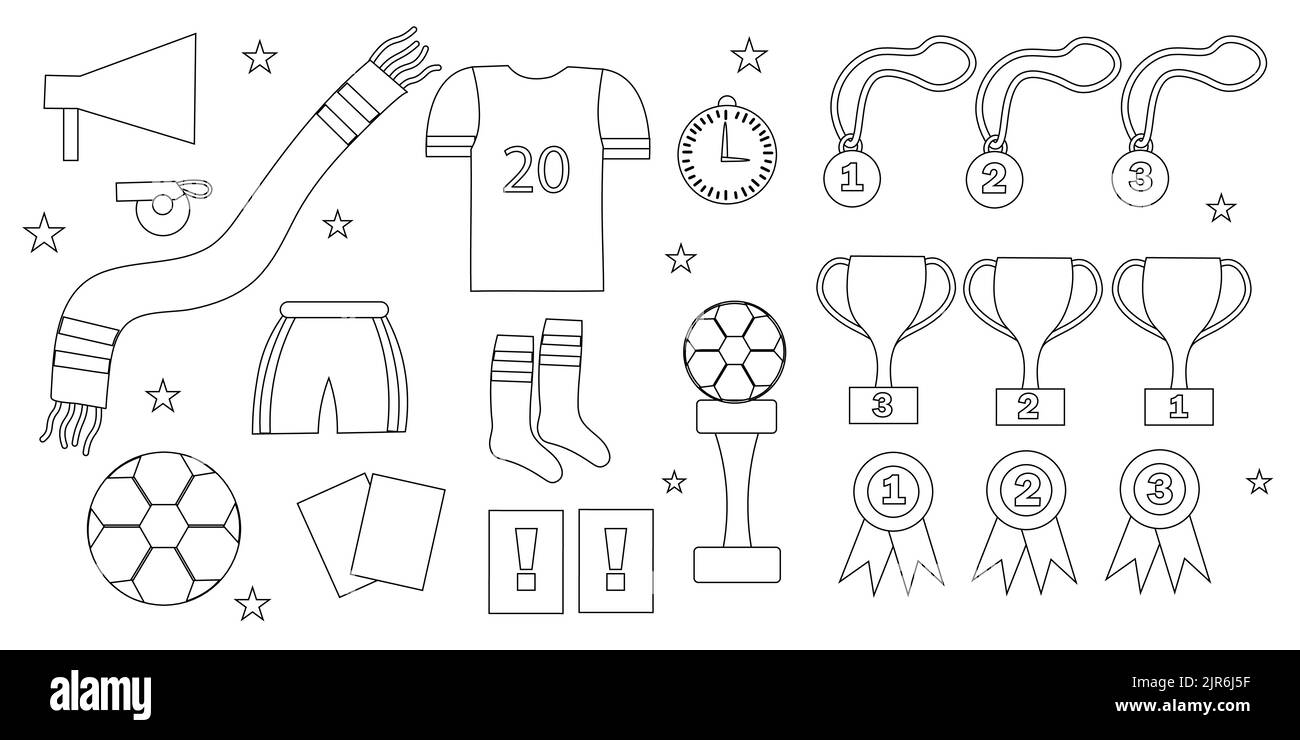 Set di oggetti per il gioco del calcio, isolati su sfondo bianco. Elementi di icone per il gioco sportivo del calcio. Disegno a mano di scarabei. Illustrazione Vettoriale