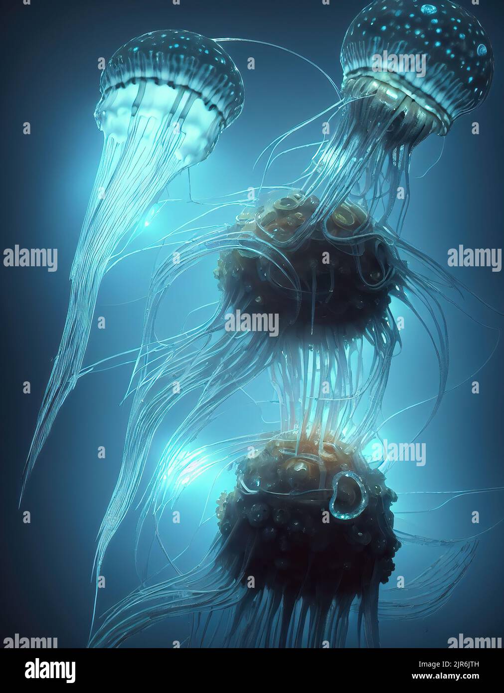 3d resa di gruppo di fantasia scintillante medusa in acque profonde Foto Stock