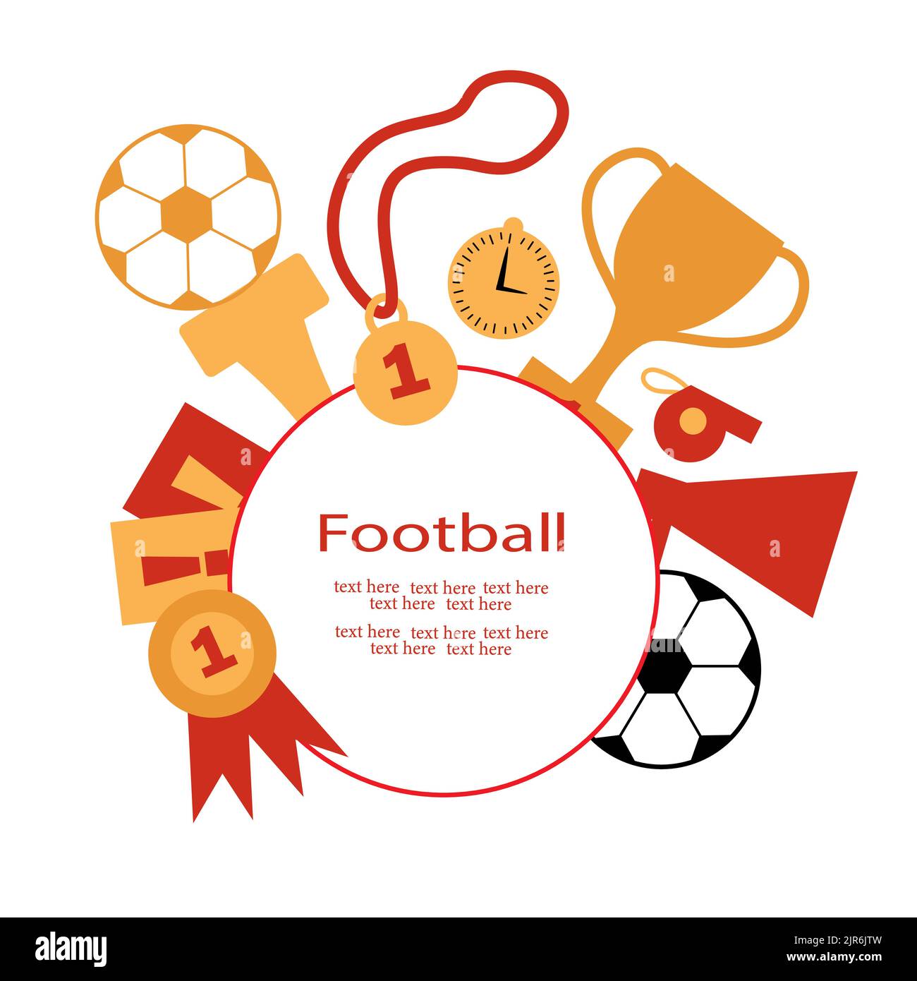 Biglietto d'auguri o invito con pallone da calcio, coppa premi, medaglia, premi, altoparlante, carte, fischio e orologio. Attributi del gioco di calcio per la cartolina Illustrazione Vettoriale