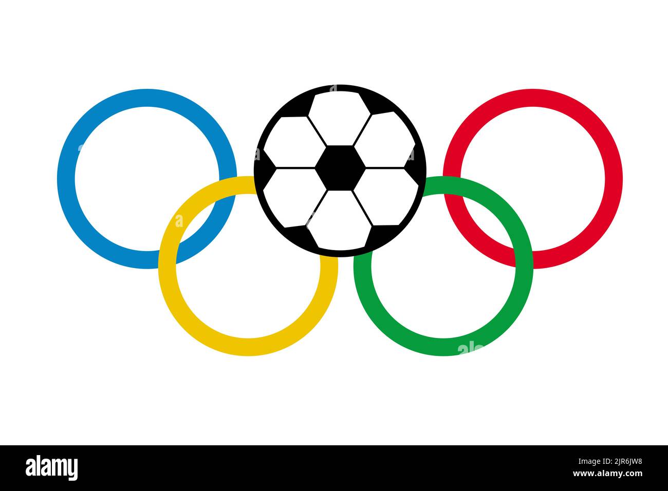 Anelli Olympiad con pallone da calcio. Simbolo olimpico su sfondo isolato. Logo di giochi sportivi. Illustrazione piatta. Illustrazione Vettoriale