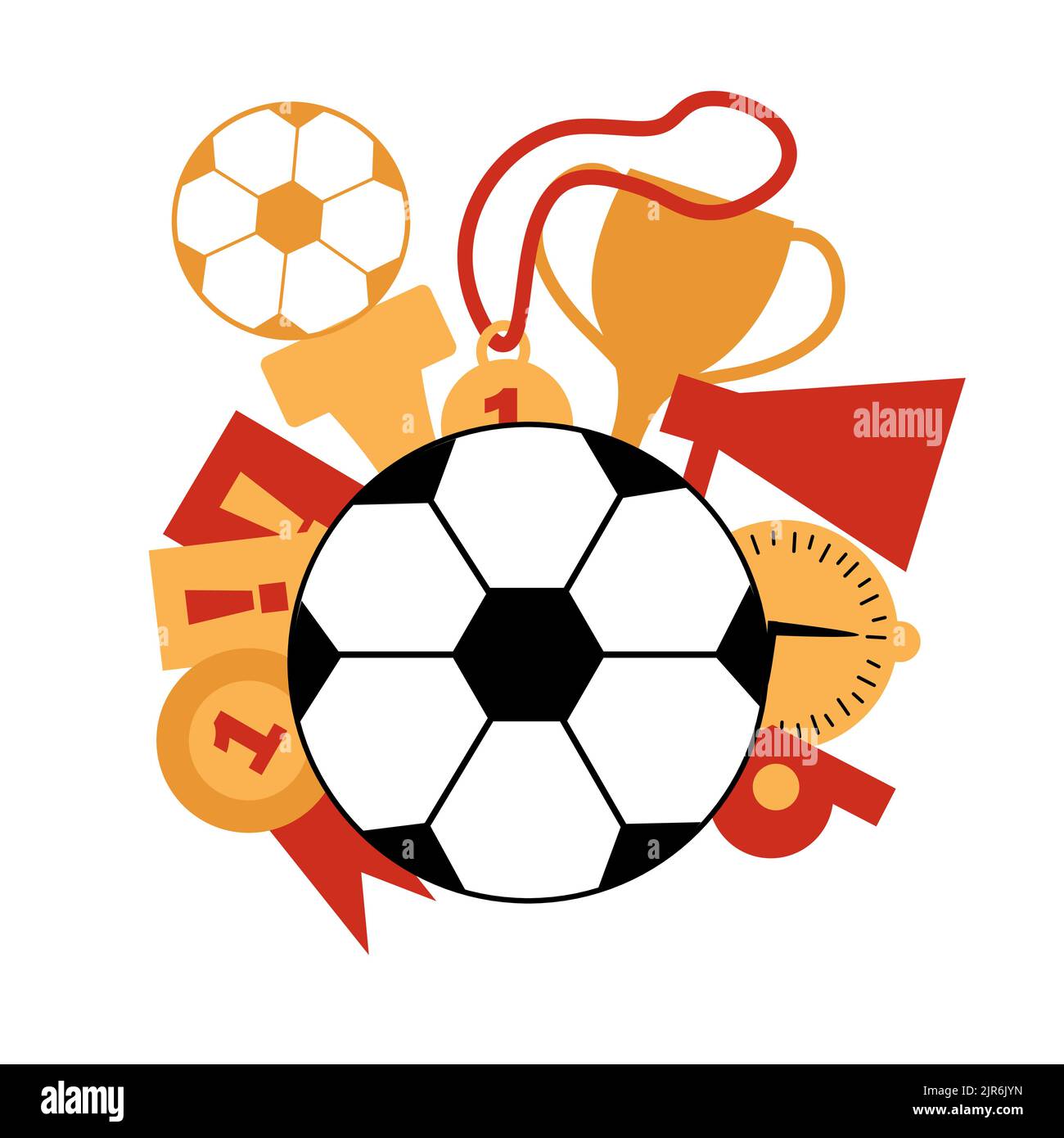 Una palla di calcio con una coppa premio, medaglia, premi, altoparlante, carte, fischio e orologio. Attributi del gioco di calcio per cartolina, logo o design. Piatto Illustrazione Vettoriale