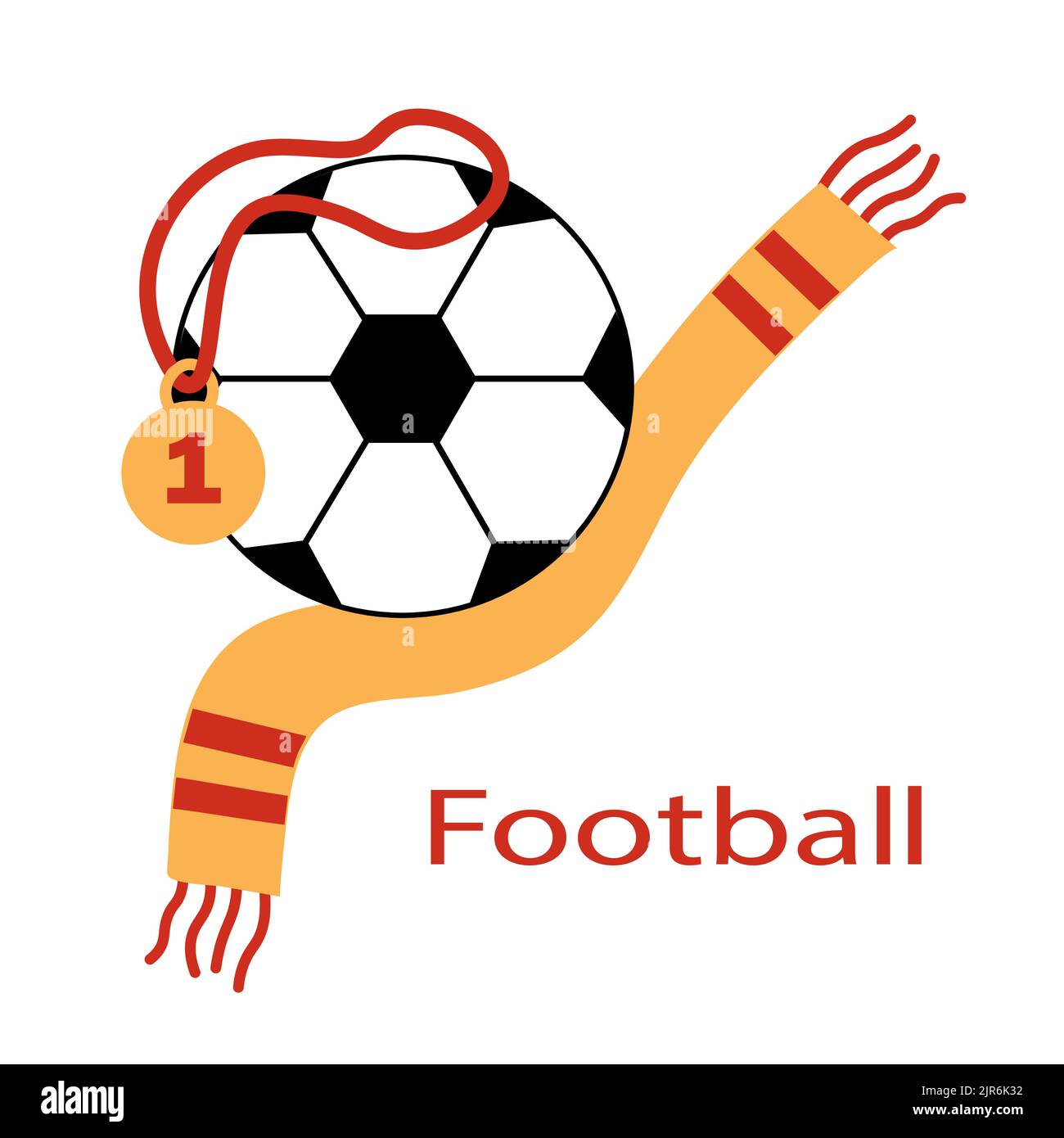 Pallone da calcio con una sciarpa da ballerina e una medaglia di premi. Attributi del gioco di calcio per cartolina, logo o design. Illustrazione piatta. Illustrazione Vettoriale