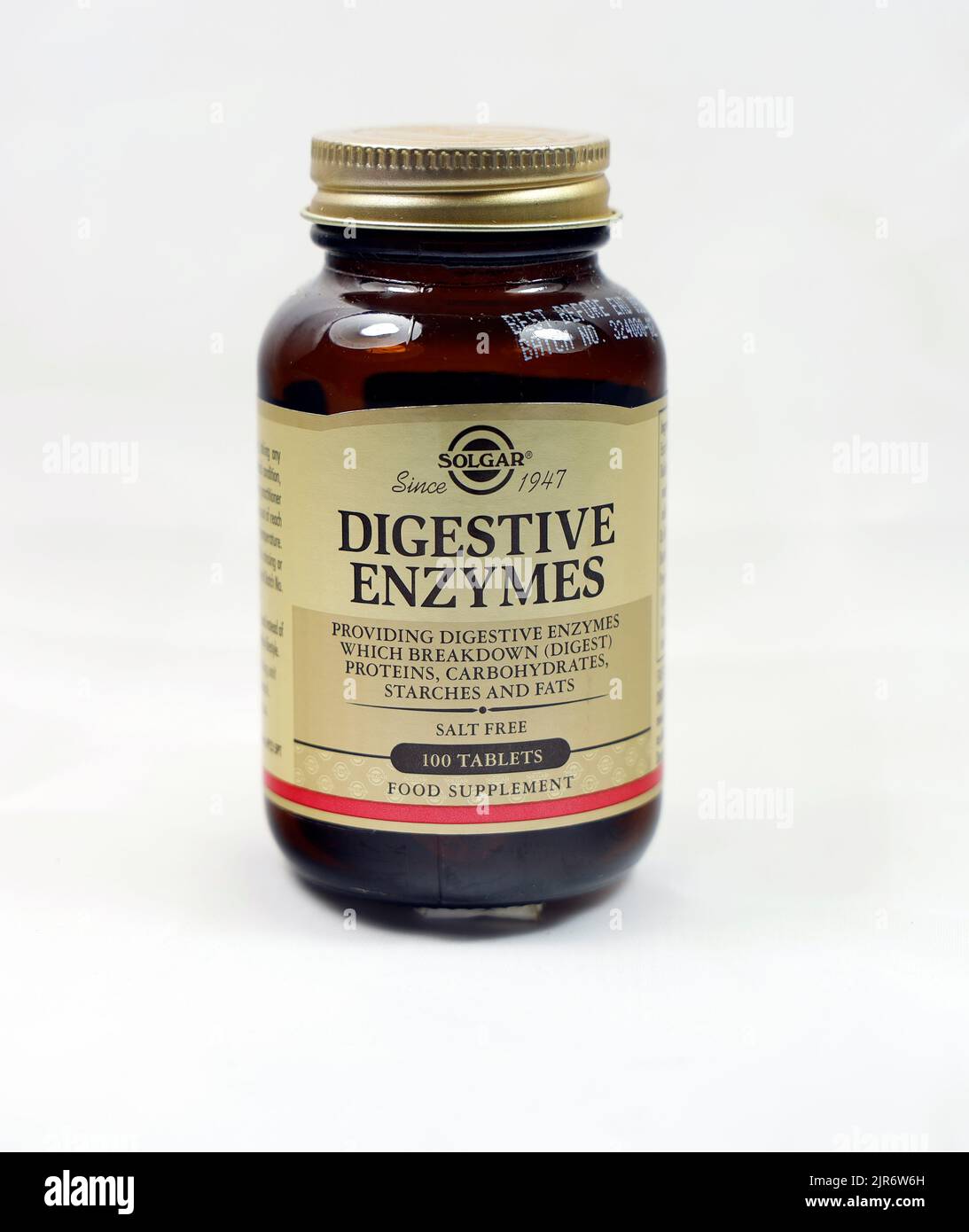 Compresse di enzimi digestivi. Solgar. Bottiglia di vetro marrone con etichetta color oro. Agosto 2022 Foto Stock