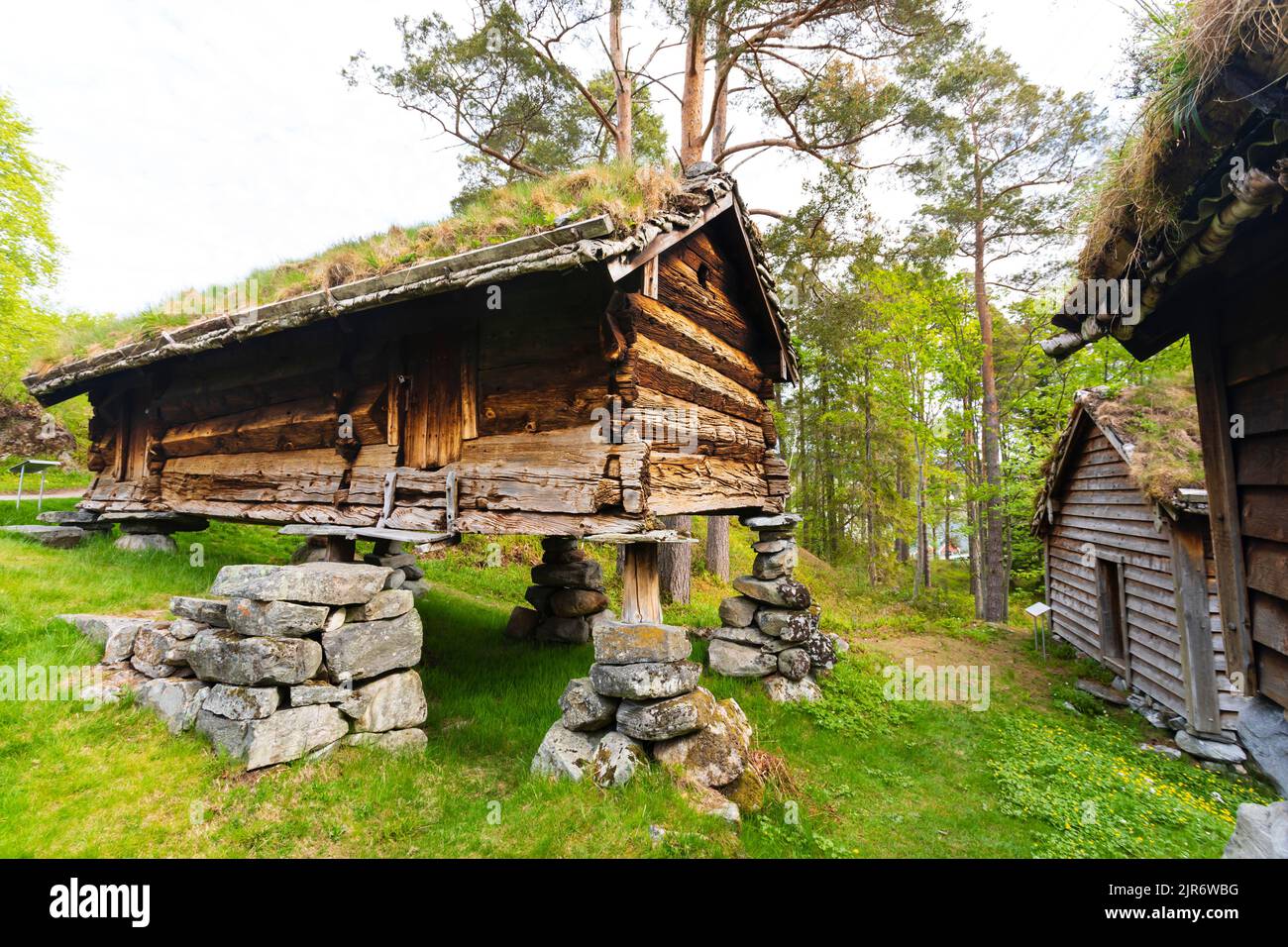 Fattoria tradizionale fienile in legno su colonne di pietra. Sunnmøre museo all'aperto. Alesund, Norvegia Foto Stock