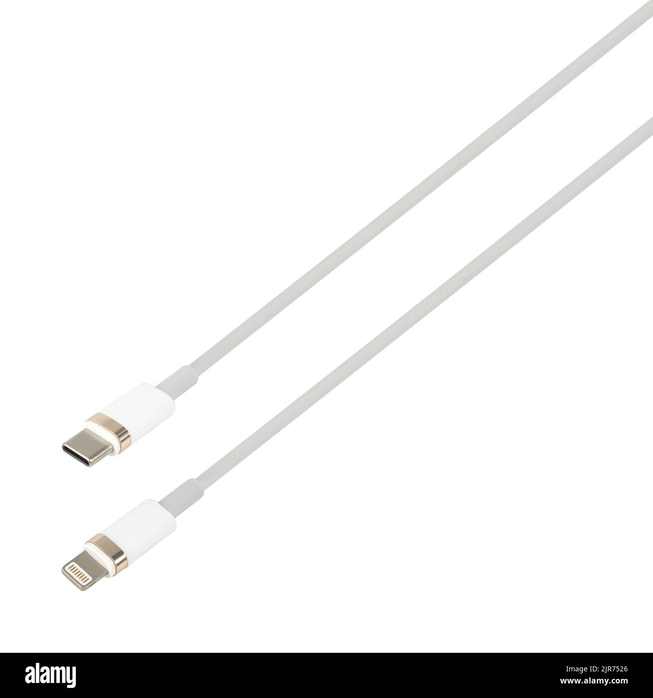 Cavo con connettore tipo C e Lightning, su sfondo bianco Foto Stock