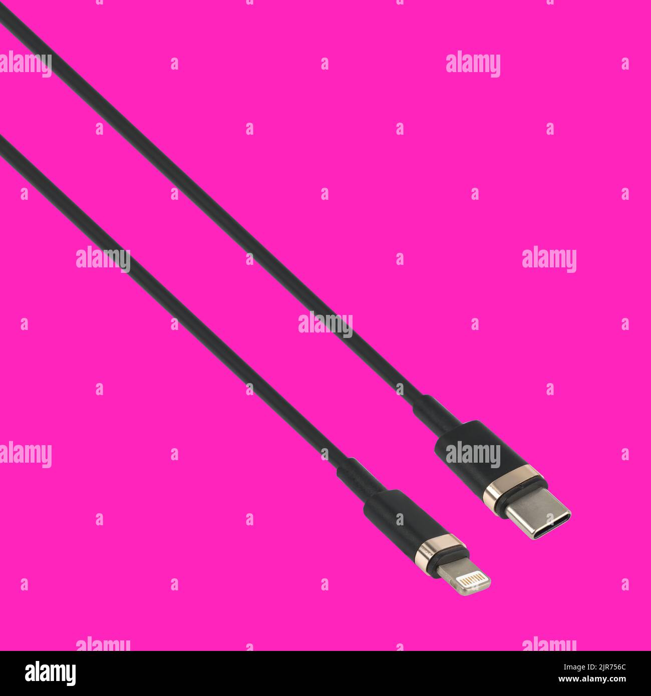 Cavo con connettore di tipo C e Lightning, isolato su sfondo rosso Foto Stock