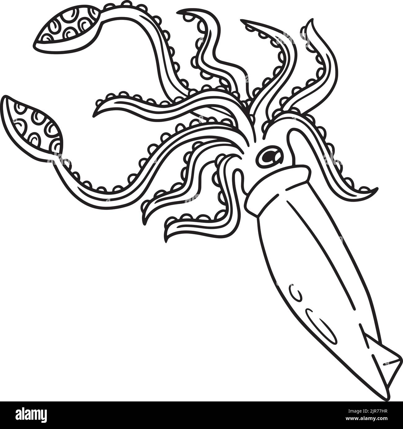 Pagina colorazione gigante calamari per bambini Illustrazione Vettoriale
