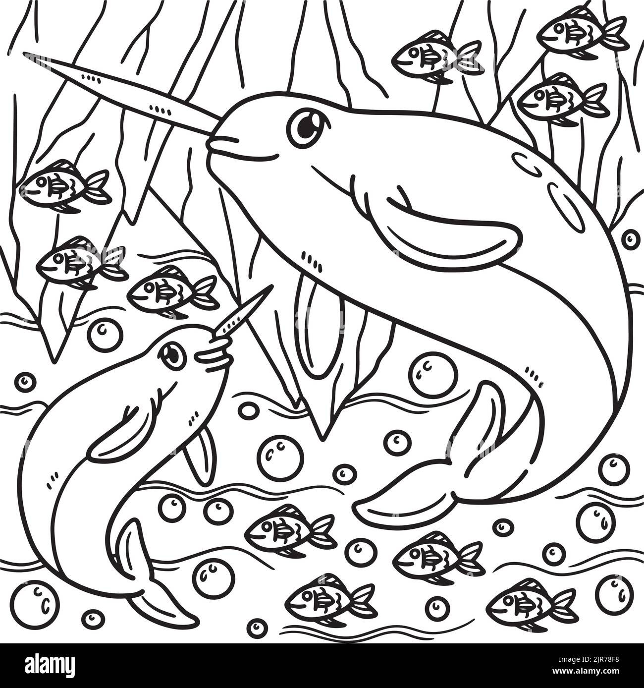 Pagina da colorare narwhale per bambini Illustrazione Vettoriale