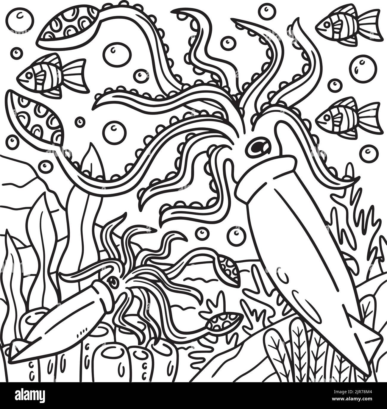 Pagina colorazione gigante calamari per bambini Illustrazione Vettoriale
