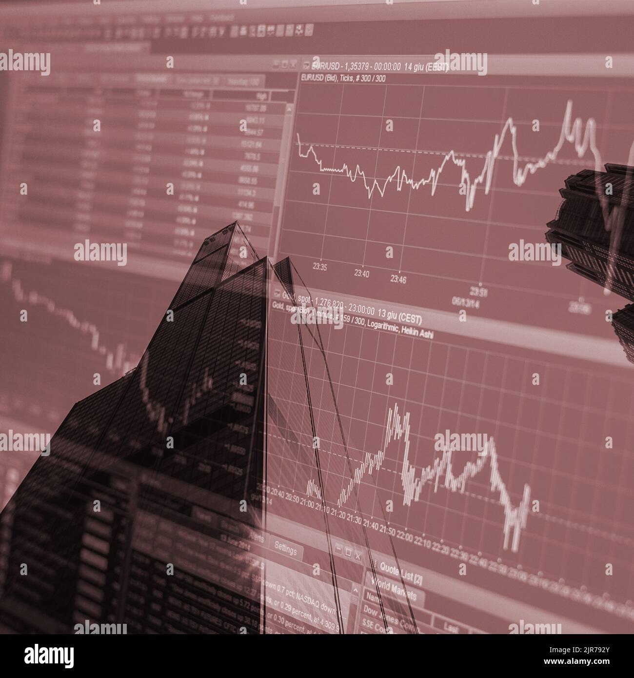 Background aziendale di borsa finanziaria aziendale con immagini unite di uffici e grafico della curva di crash del mercato azionario dell'orso Foto Stock