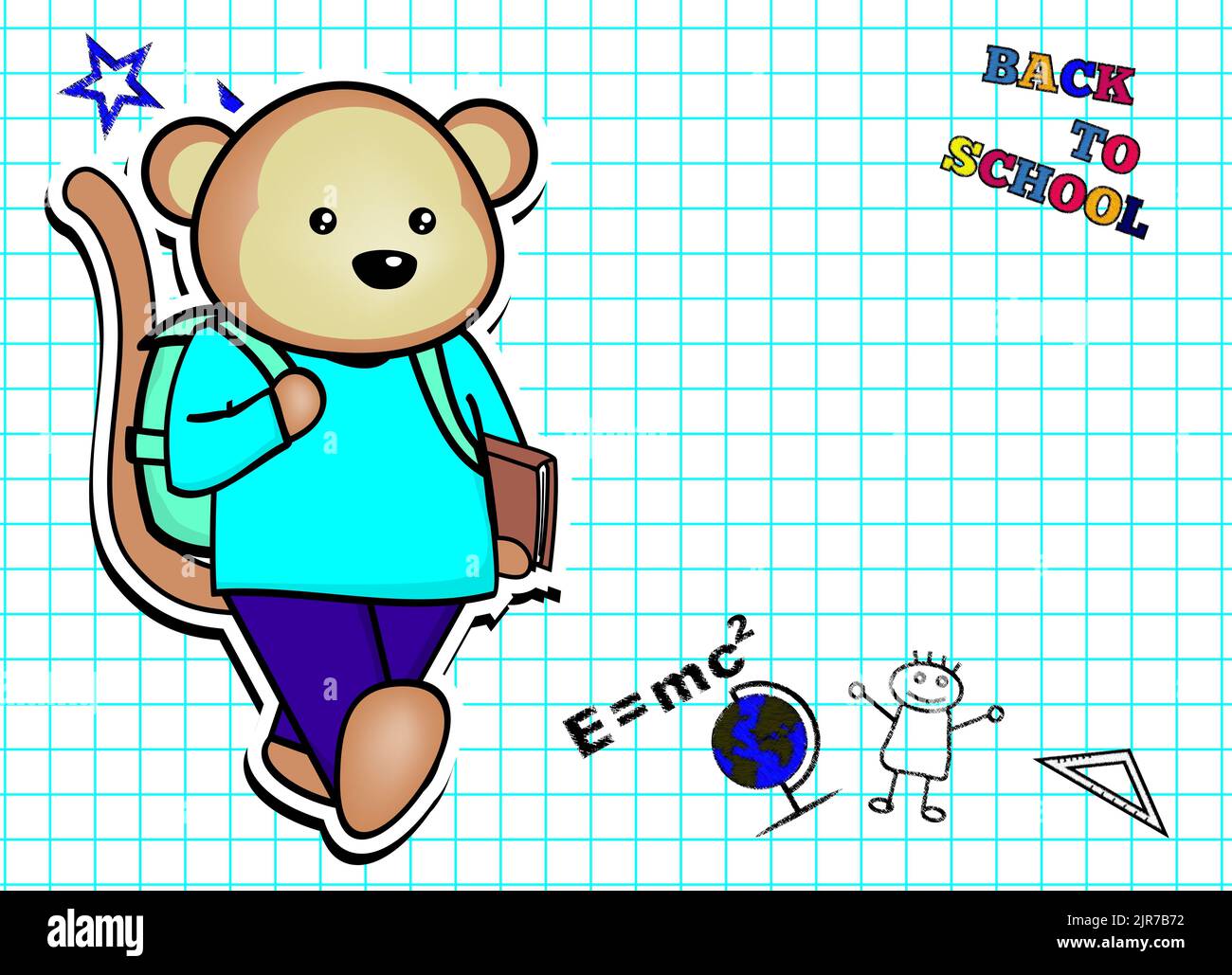 camminare giovane studet capretto scimmia cartoon illustrazione sfondo notebook Foto Stock