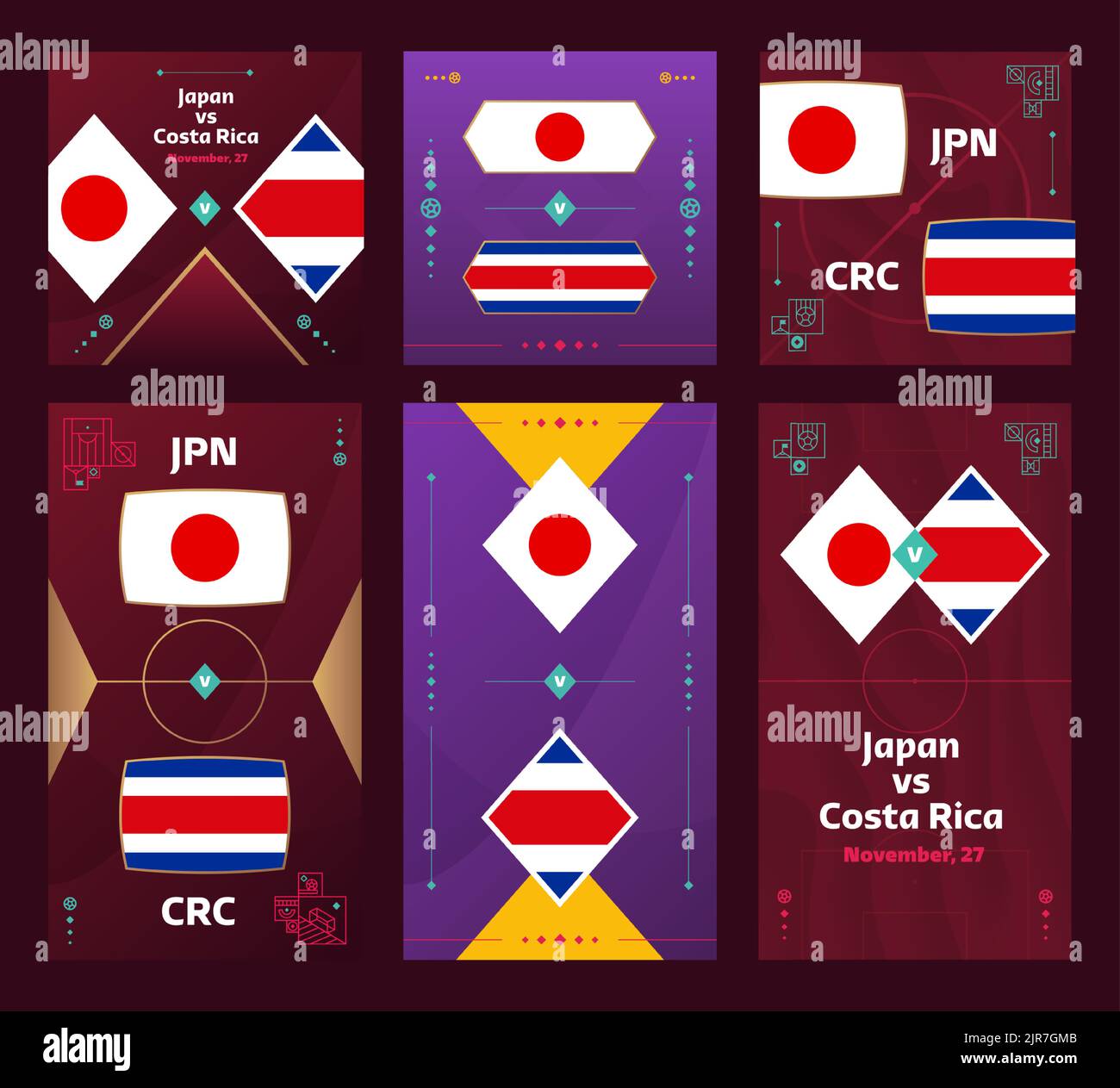 Partita Giappone vs Costa Rica. World Football 2022 Set di banner verticali e quadrati per i social media. Infografica sul calcio 2022. Fase di gruppo. Illustrazione del vettore Illustrazione Vettoriale