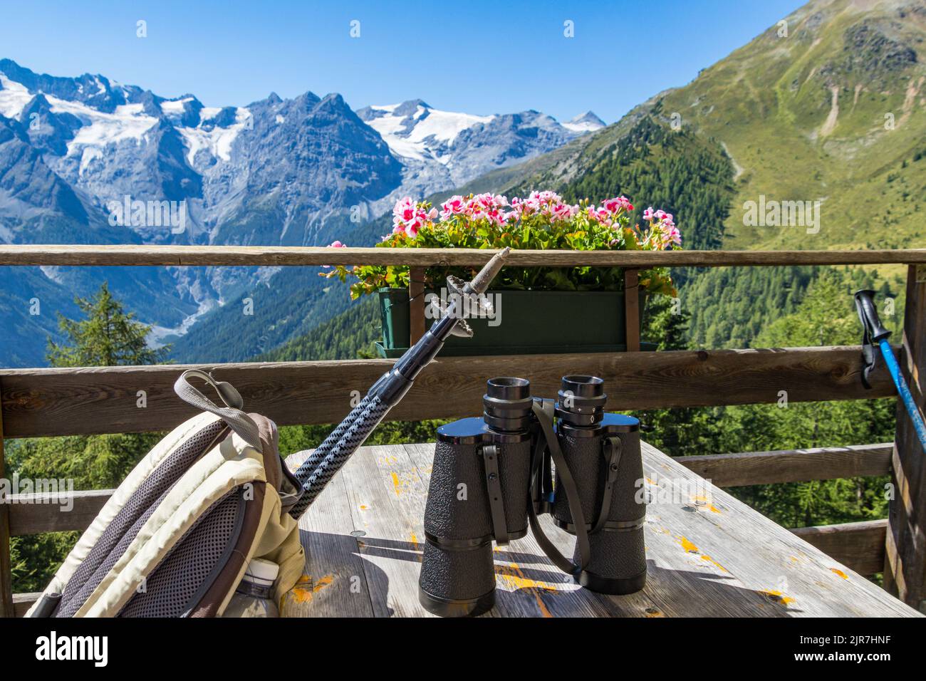 Zaino con bastoni da trekking e binocoli per godere di una vista panoramica sulla catena montuosa Ortles da Furkelhütte, Trafoi, Italia; stile di vita alpino sano Foto Stock