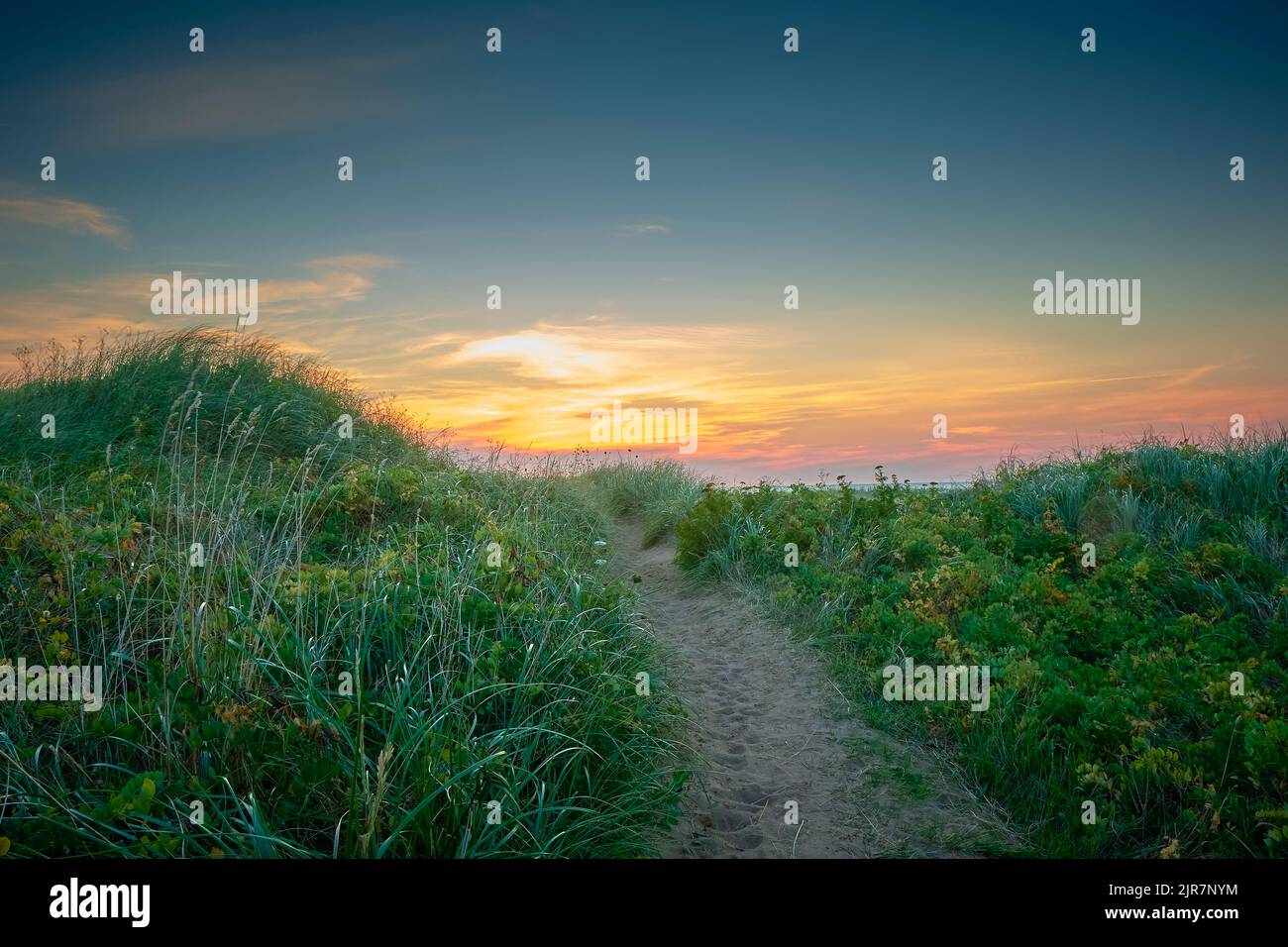 Breakwater Beach si trova a Port Hood Nova Scotia. Questo sentiero si snoda attraverso le dune di sabbia fino alla bellissima spiaggia di sabbia. Foto Stock