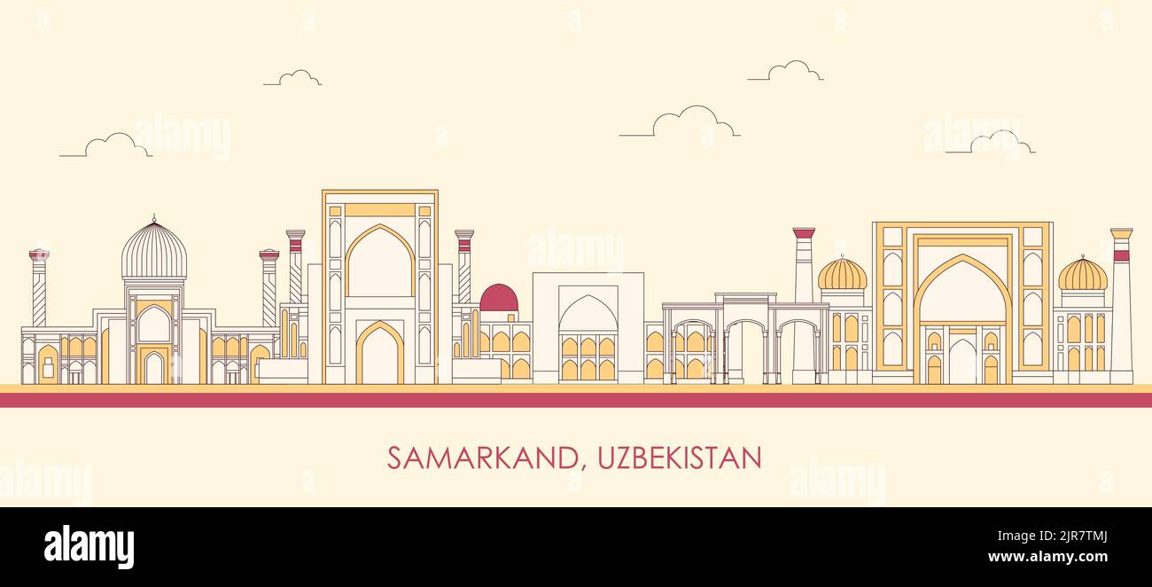 Panorama di Cartoon Skyline della città di Samarcanda, Uzbekistan - illustrazione vettoriale Illustrazione Vettoriale