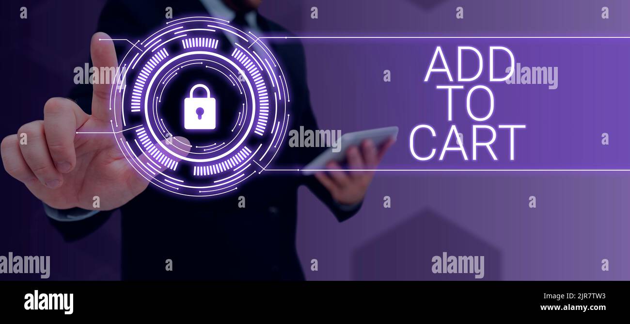 Didascalia di testo con aggiunta al carrello. Business idea Acquisto online e-commerce moderne tecnologie per l'uomo d'affari negozio in tuta con palmo aperto Foto Stock