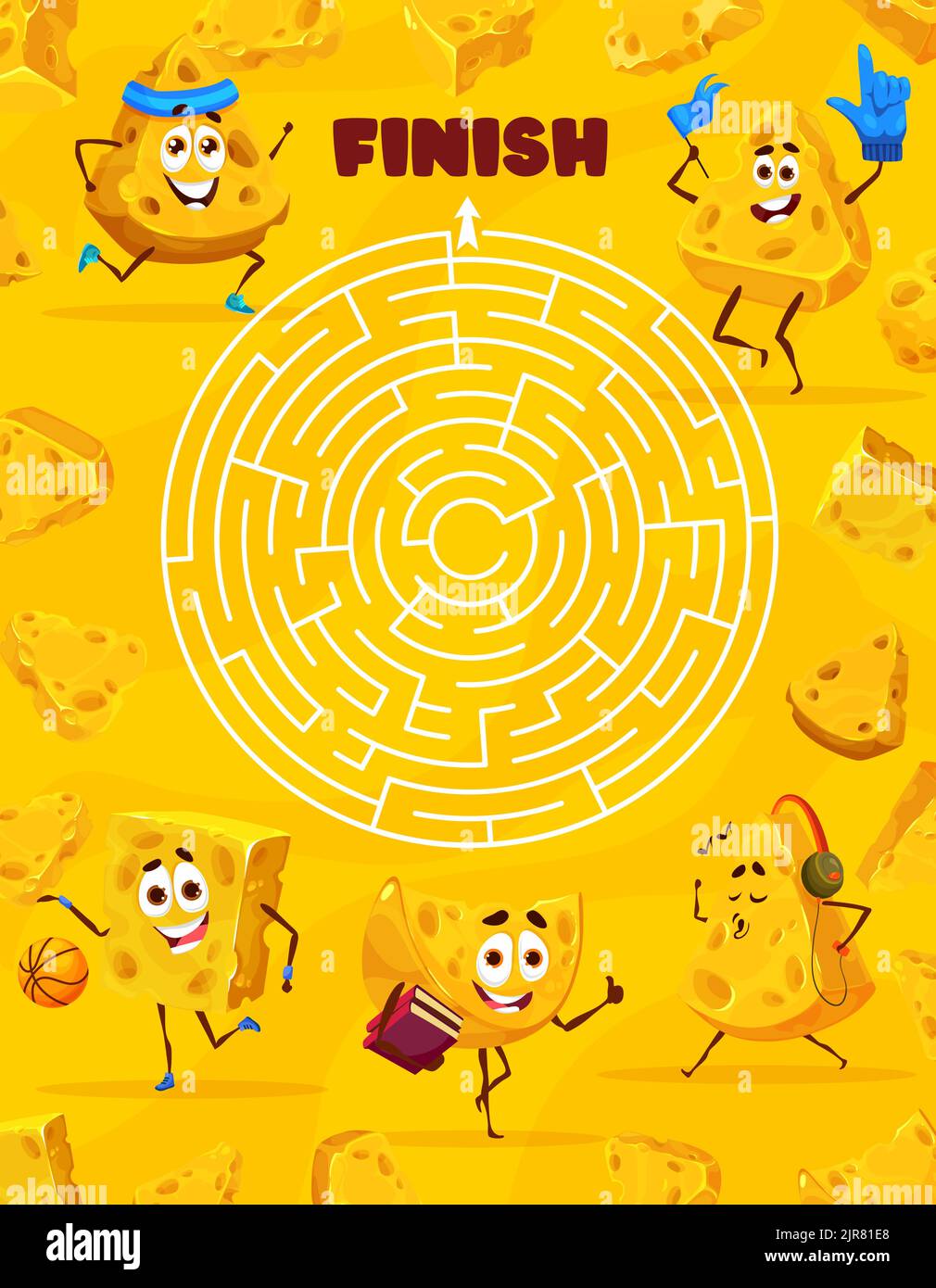 Labirinto rotondo labirinto, cartoni animati maasdam e gouda personaggi del formaggio. Capretti vettore indovinello, foglio di lavoro puzzle con percorso rotondo e personaggi cheesy. Trova la via giusta per uscire dal labirinto del gioco di boardgame, attività di quiz Illustrazione Vettoriale