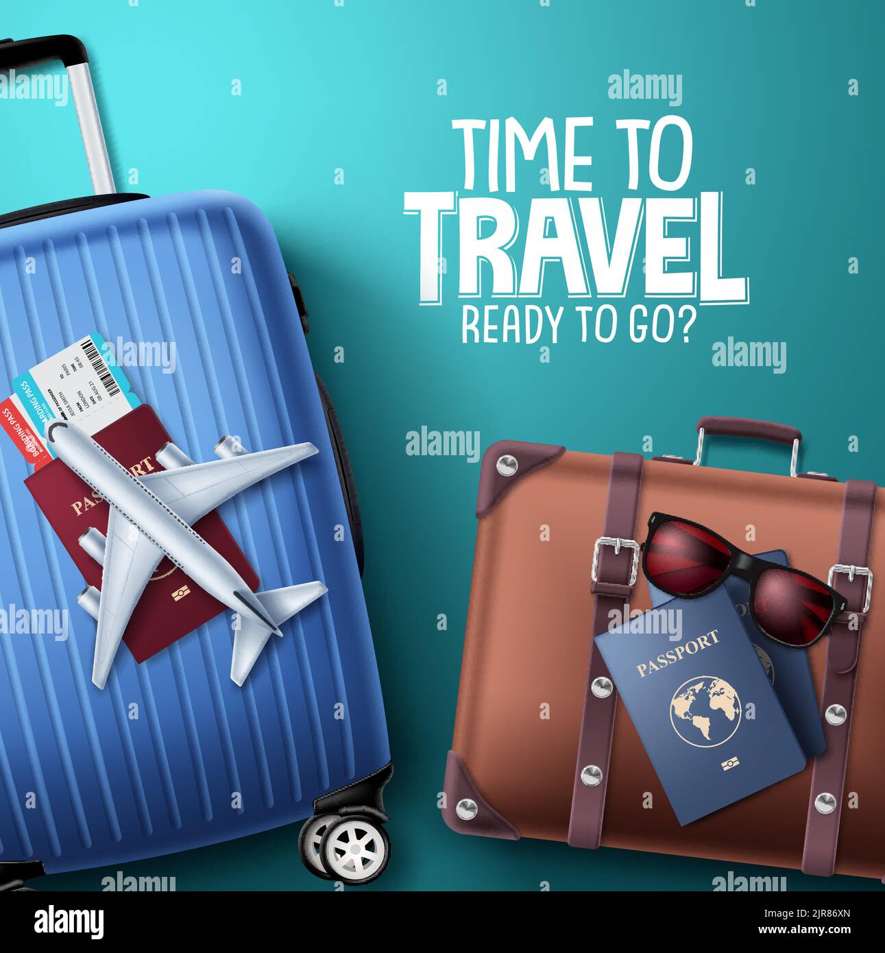Disegno dello sfondo vettoriale del tempo di viaggio. Testo di viaggio pronto all'uso in uno spazio vuoto blu con elementi di viaggio per il viaggio di vacanza. Vettore Illustrazione Vettoriale