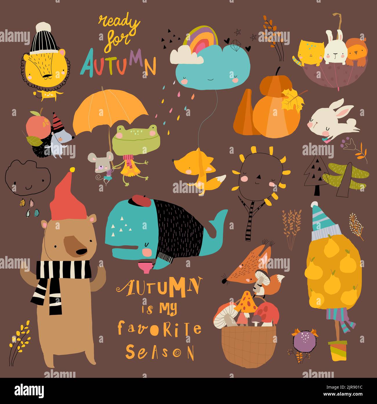 Set di fumetti d'autunno con animali e alberi divertenti Illustrazione Vettoriale