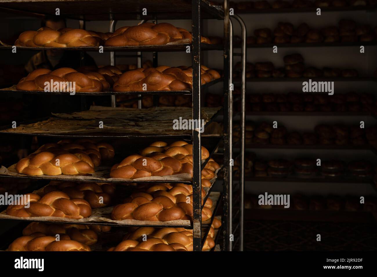 Pane ebraico Challah per shabbat, su un carrello a cremagliera in una panetteria Foto Stock