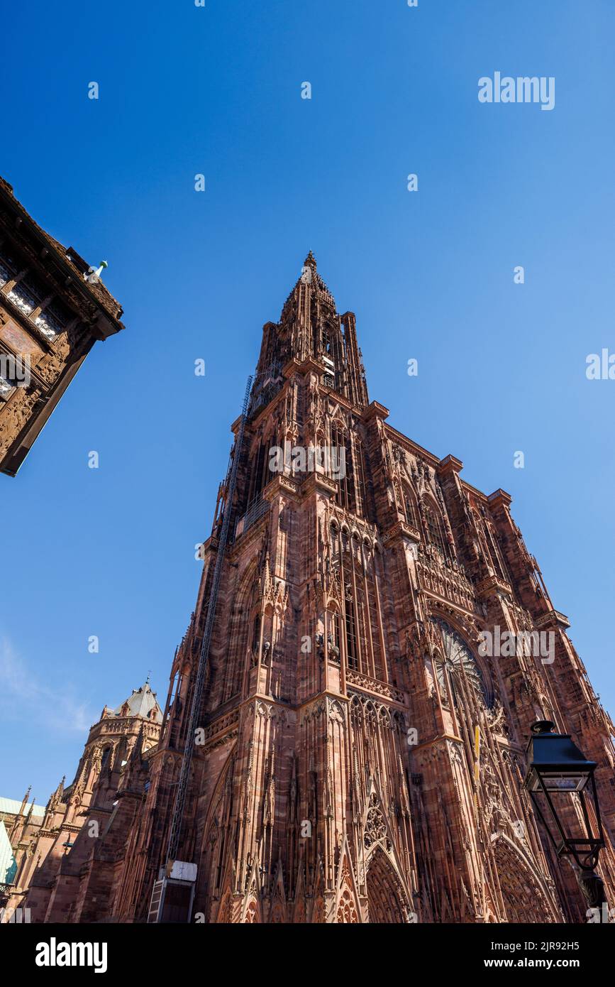 Vista wideangle della Cattedrale di Strasburgo (Cathédrale Notre-Dame de Strasbourg) nel centro storico in Alsazia Foto Stock