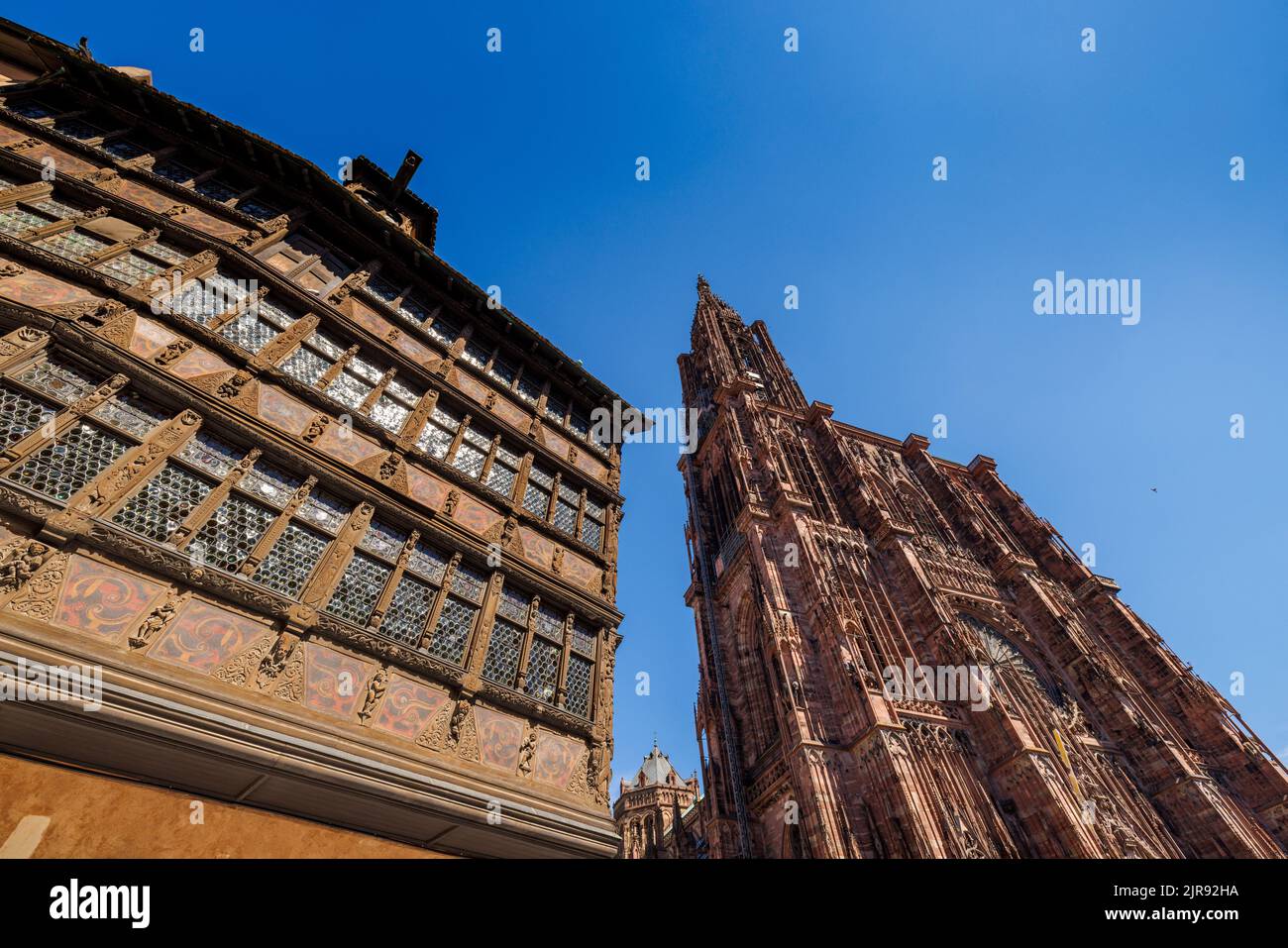 Vista wideangle della Cattedrale di Strasburgo (Cathédrale Notre-Dame de Strasbourg) nel centro storico in Alsazia Foto Stock