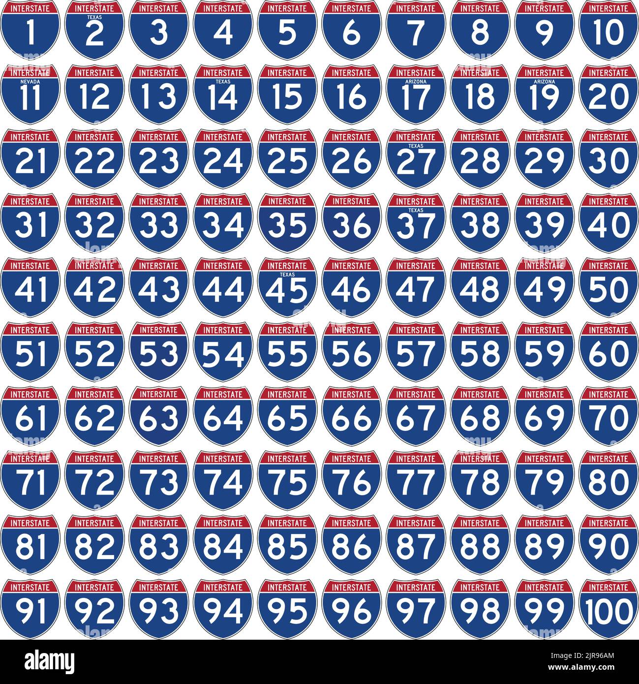 Stati Uniti contigui, ci sono 100 autostrade interstatali principali elencate nella tabella seguente. Illustrazione Vettoriale