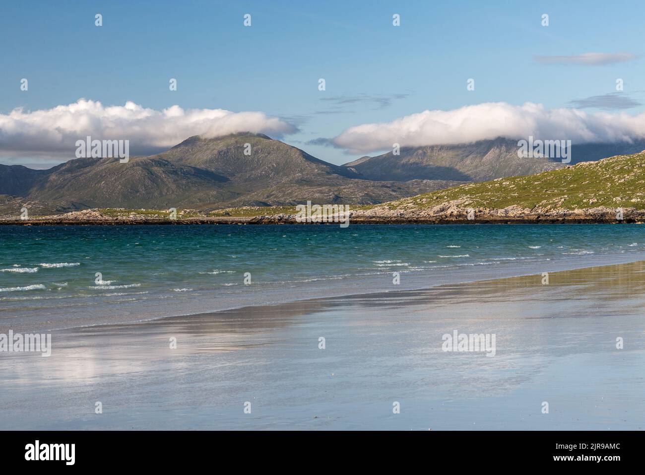 Sunny Luskentyre Beach, Sound of Taransay, Harris, Isola di Harris, Ebridi, Ebridi esterne, Western Isles, Scozia, Regno Unito, Gran Bretagna Foto Stock